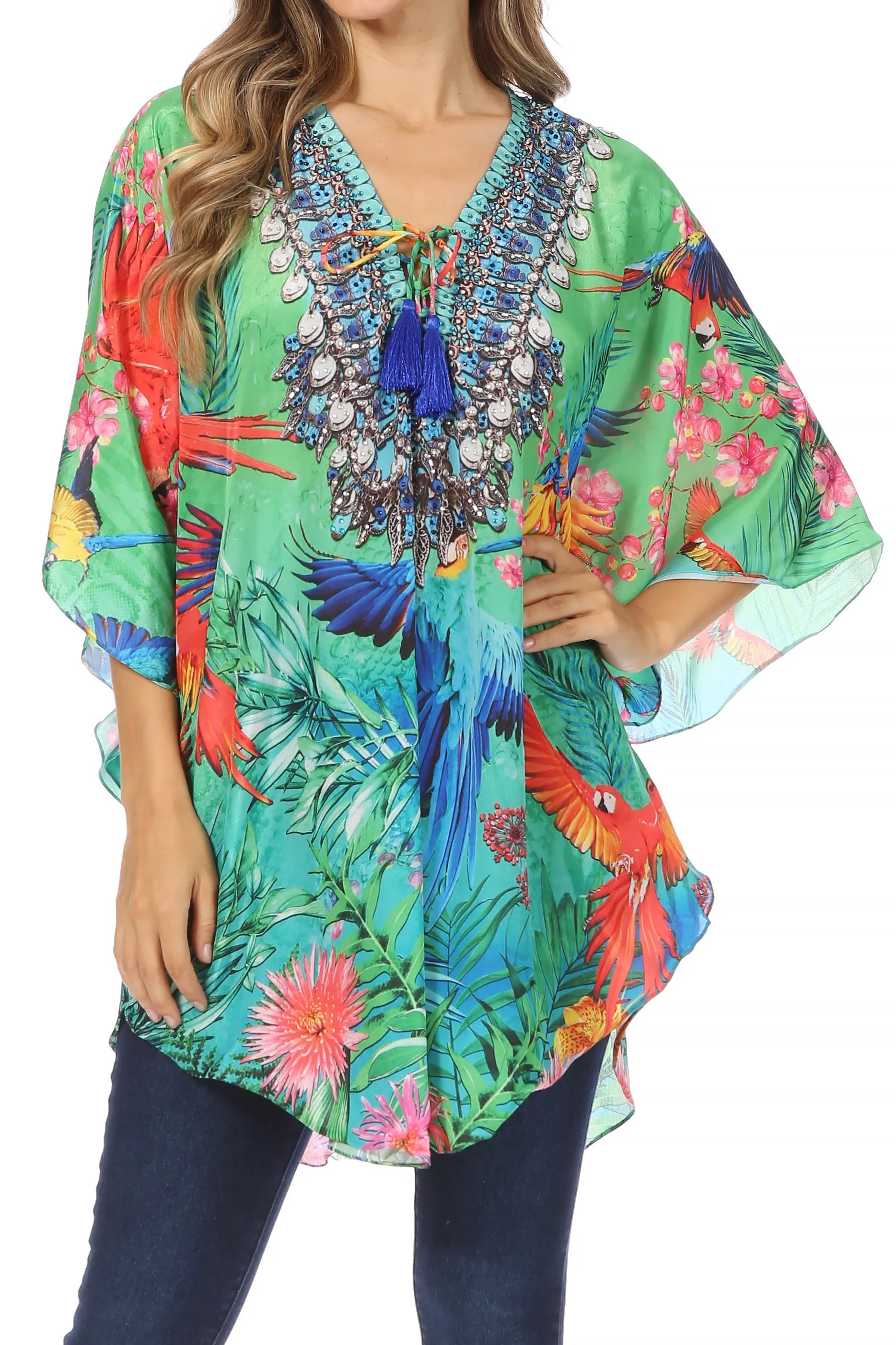 Sakkas Tallulah Wide Circle Blouse V Neck Top With Tassle Ties And Rhinestones