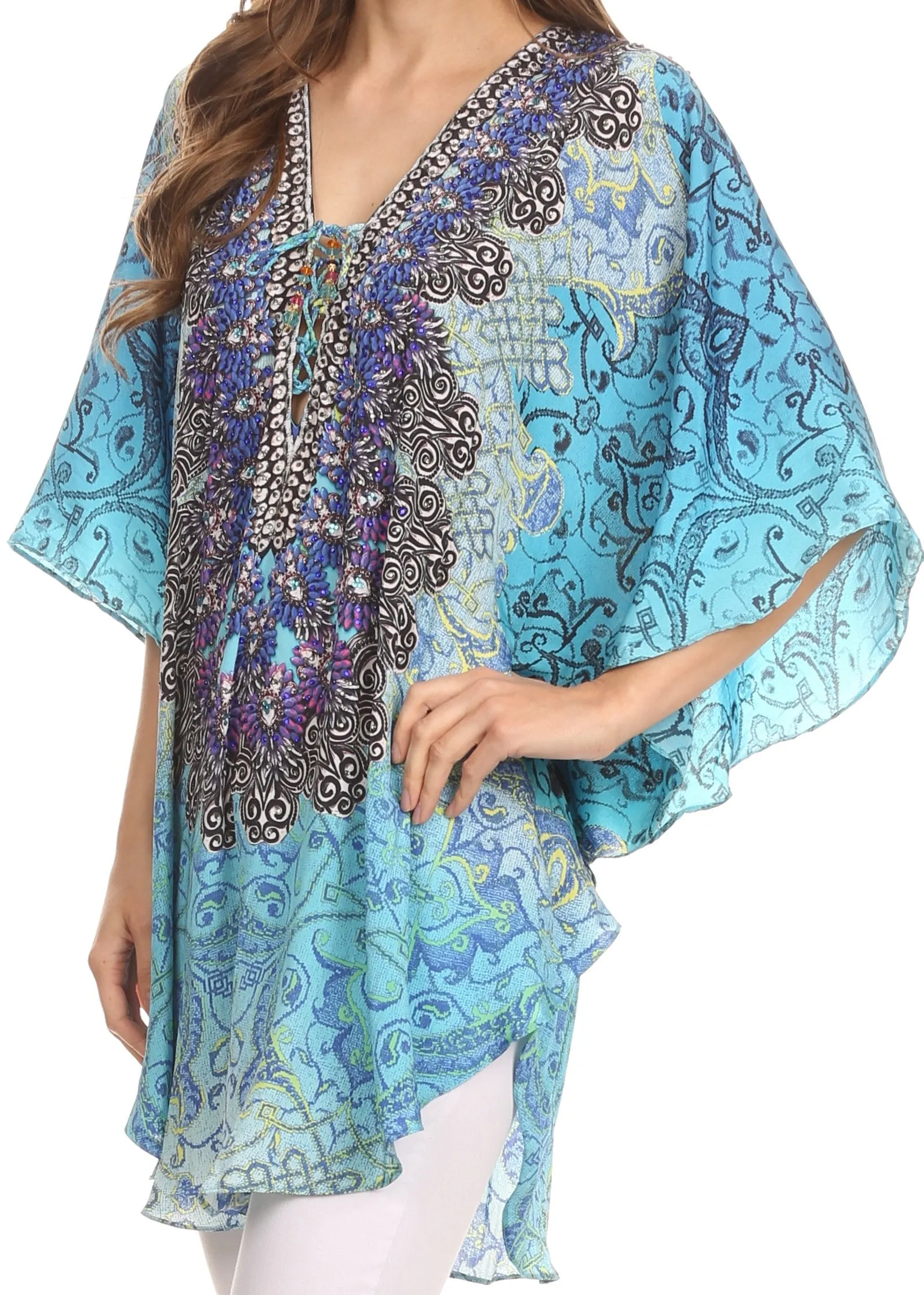 Sakkas Tallulah Wide Circle Blouse V Neck Top With Tassle Ties And Rhinestones