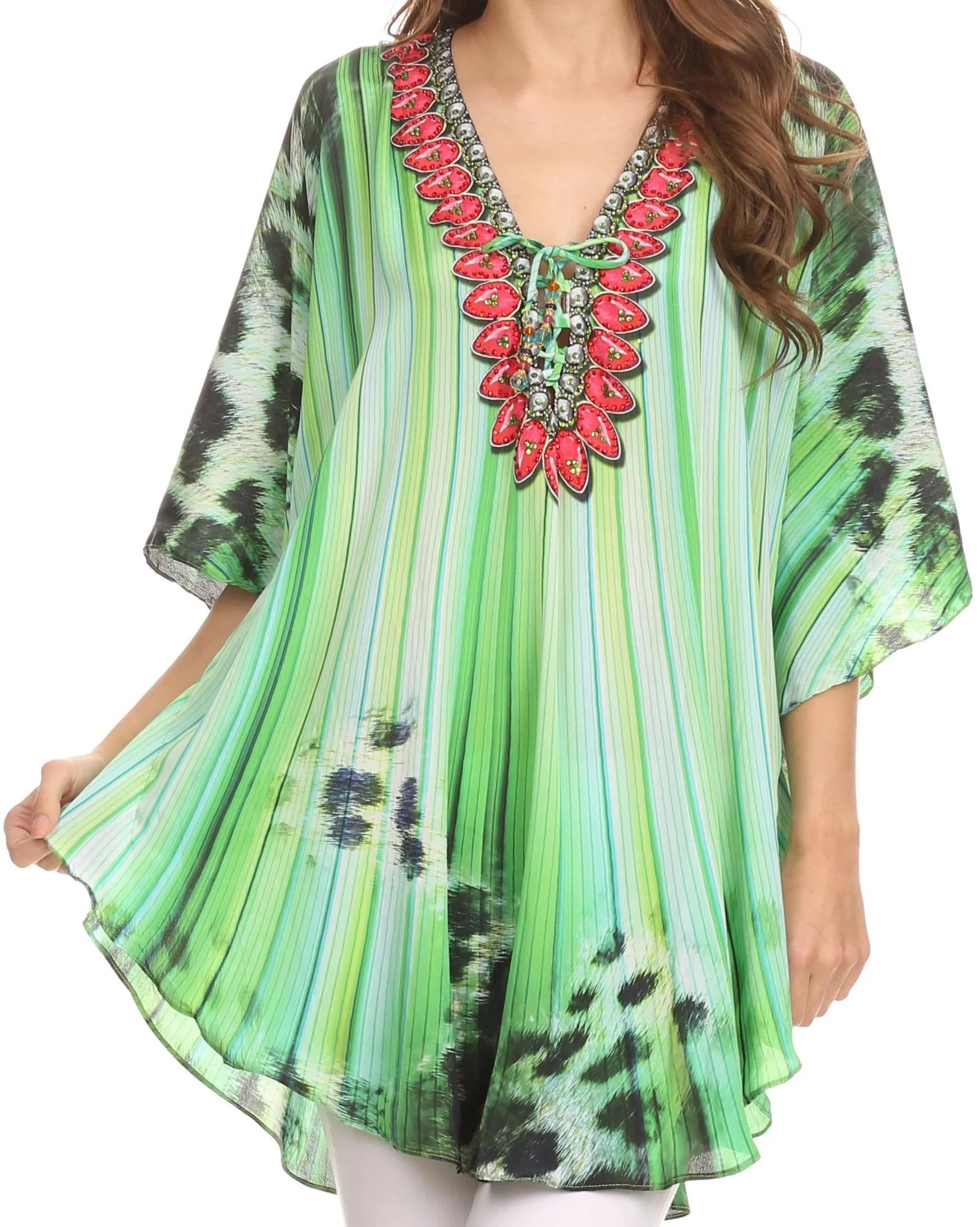 Sakkas Tallulah Wide Circle Blouse V Neck Top With Tassle Ties And Rhinestones