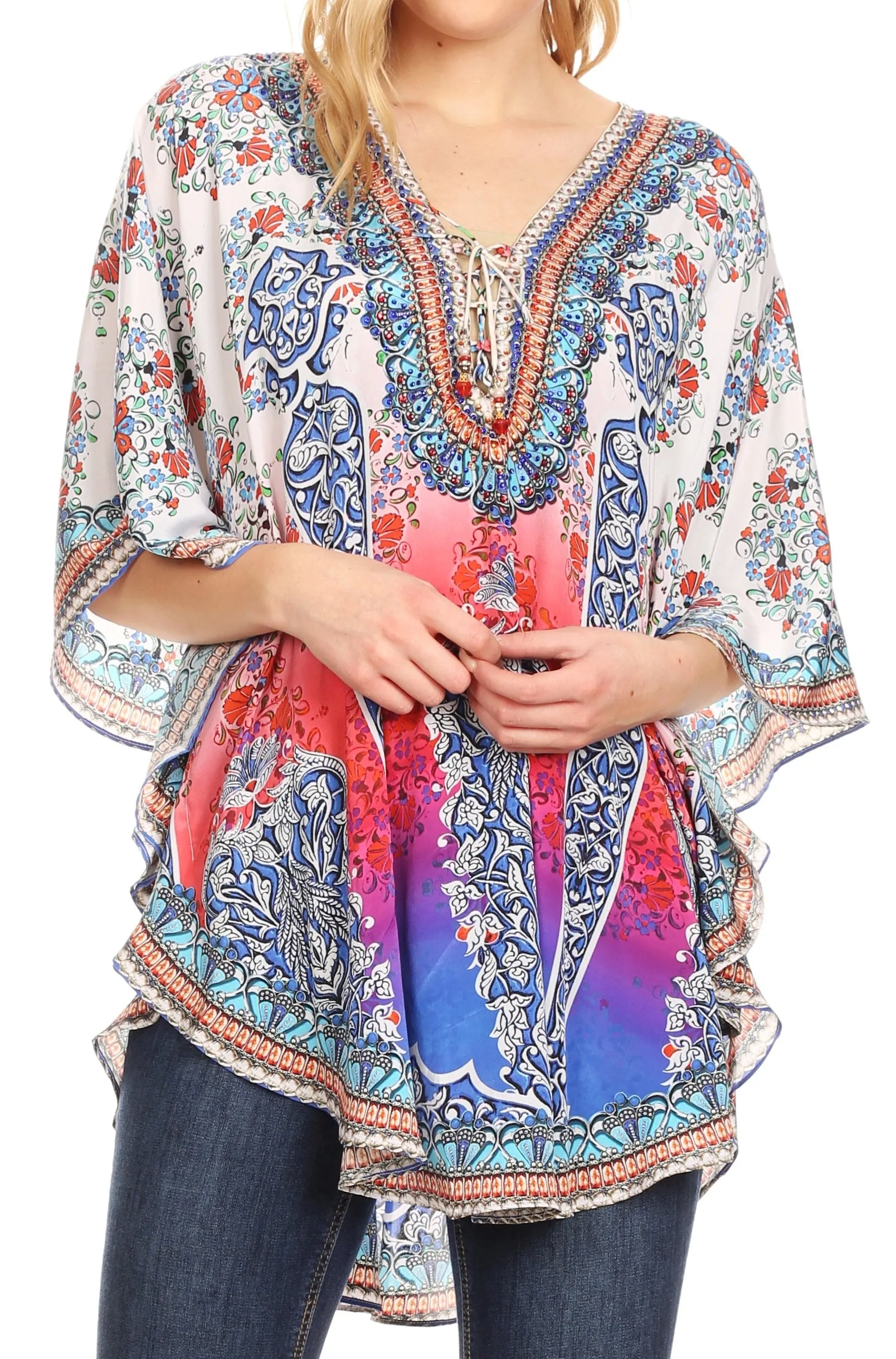 Sakkas Tallulah Wide Circle Blouse V Neck Top With Tassle Ties And Rhinestones