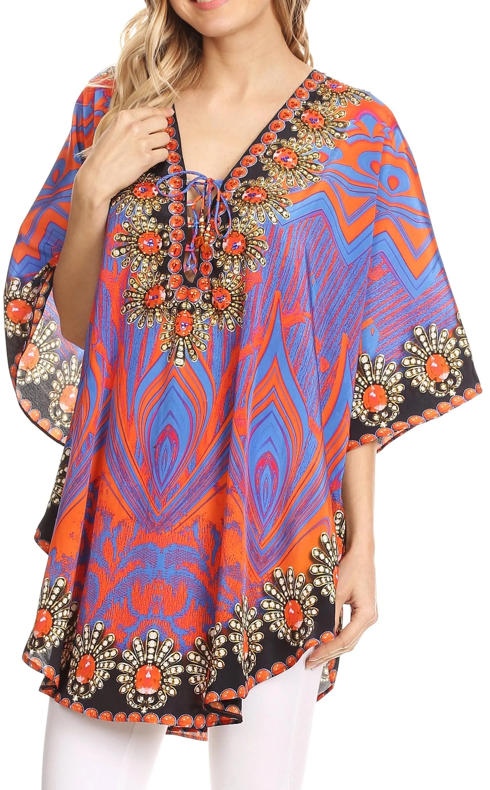 Sakkas Tallulah Wide Circle Blouse V Neck Top With Tassle Ties And Rhinestones