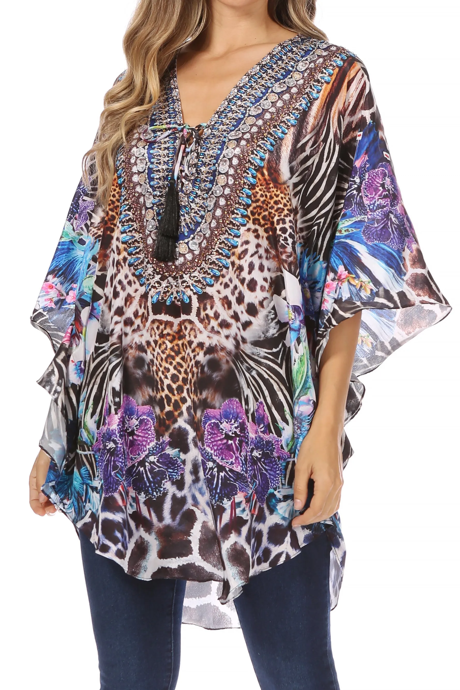 Sakkas Tallulah Wide Circle Blouse V Neck Top With Tassle Ties And Rhinestones