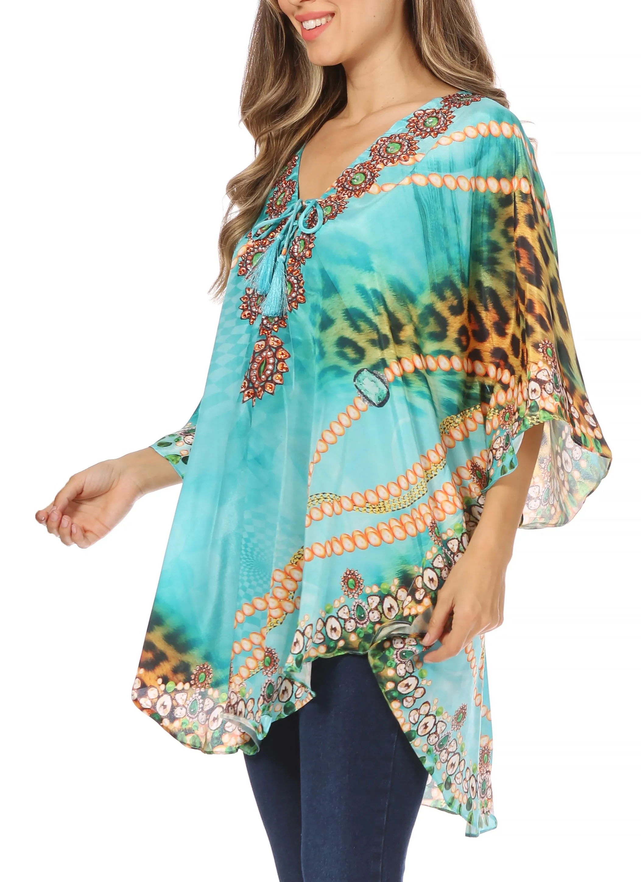 Sakkas Tallulah Wide Circle Blouse V Neck Top With Tassle Ties And Rhinestones