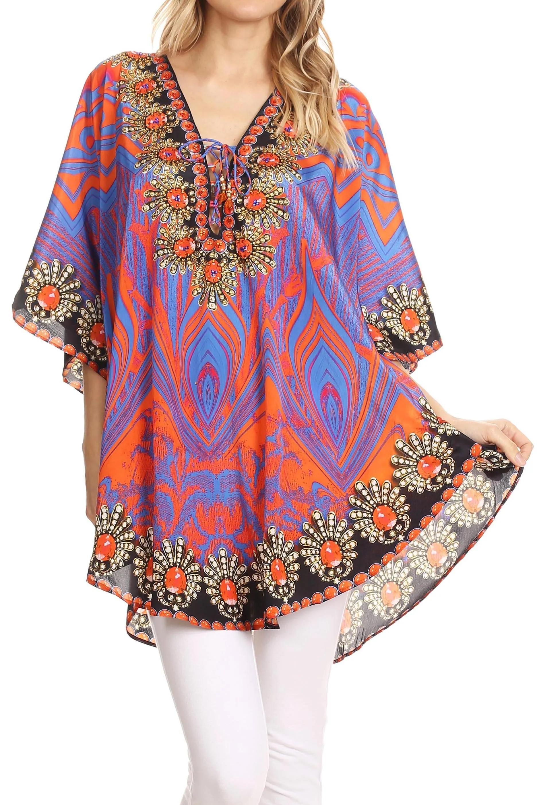 Sakkas Tallulah Wide Circle Blouse V Neck Top With Tassle Ties And Rhinestones