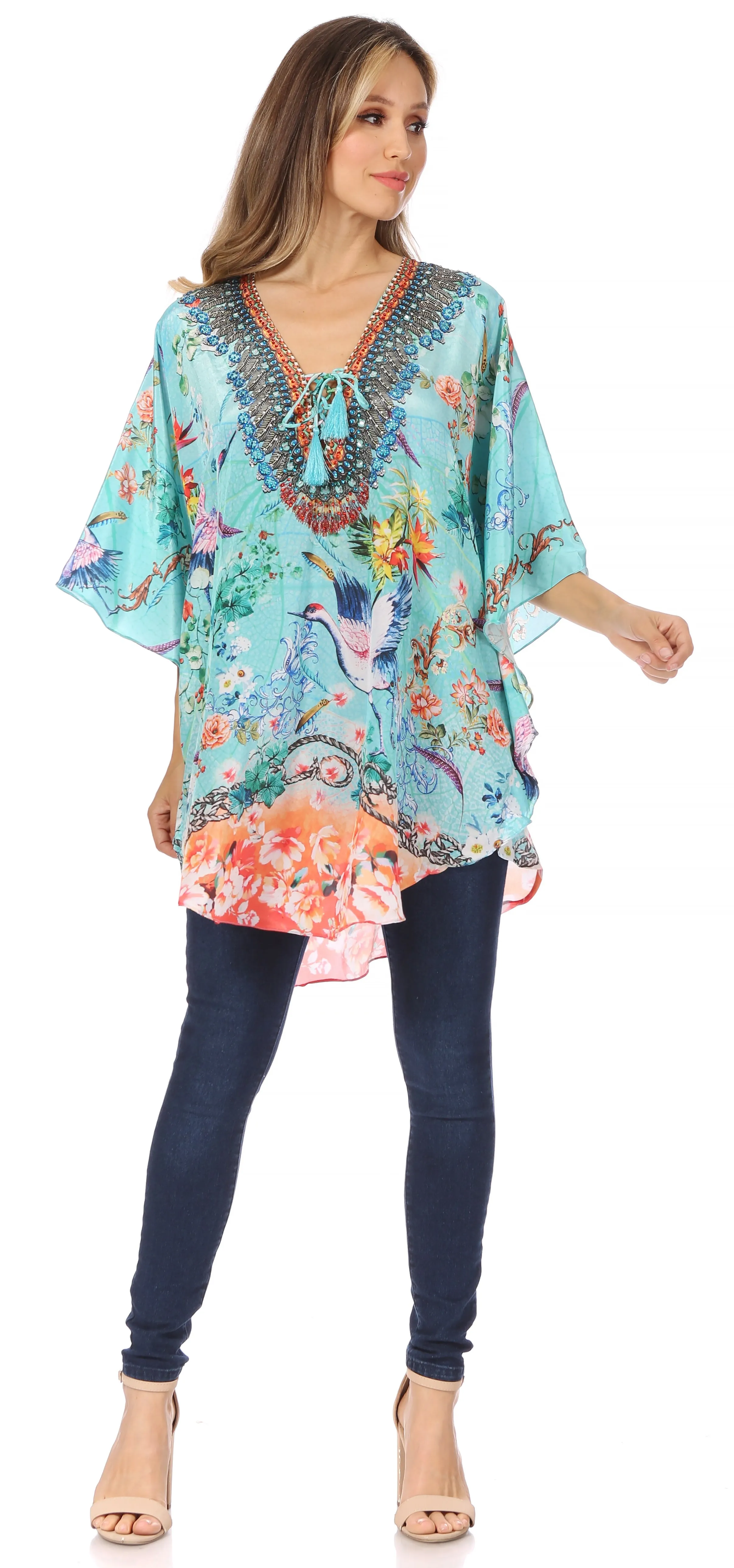 Sakkas Tallulah Wide Circle Blouse V Neck Top With Tassle Ties And Rhinestones