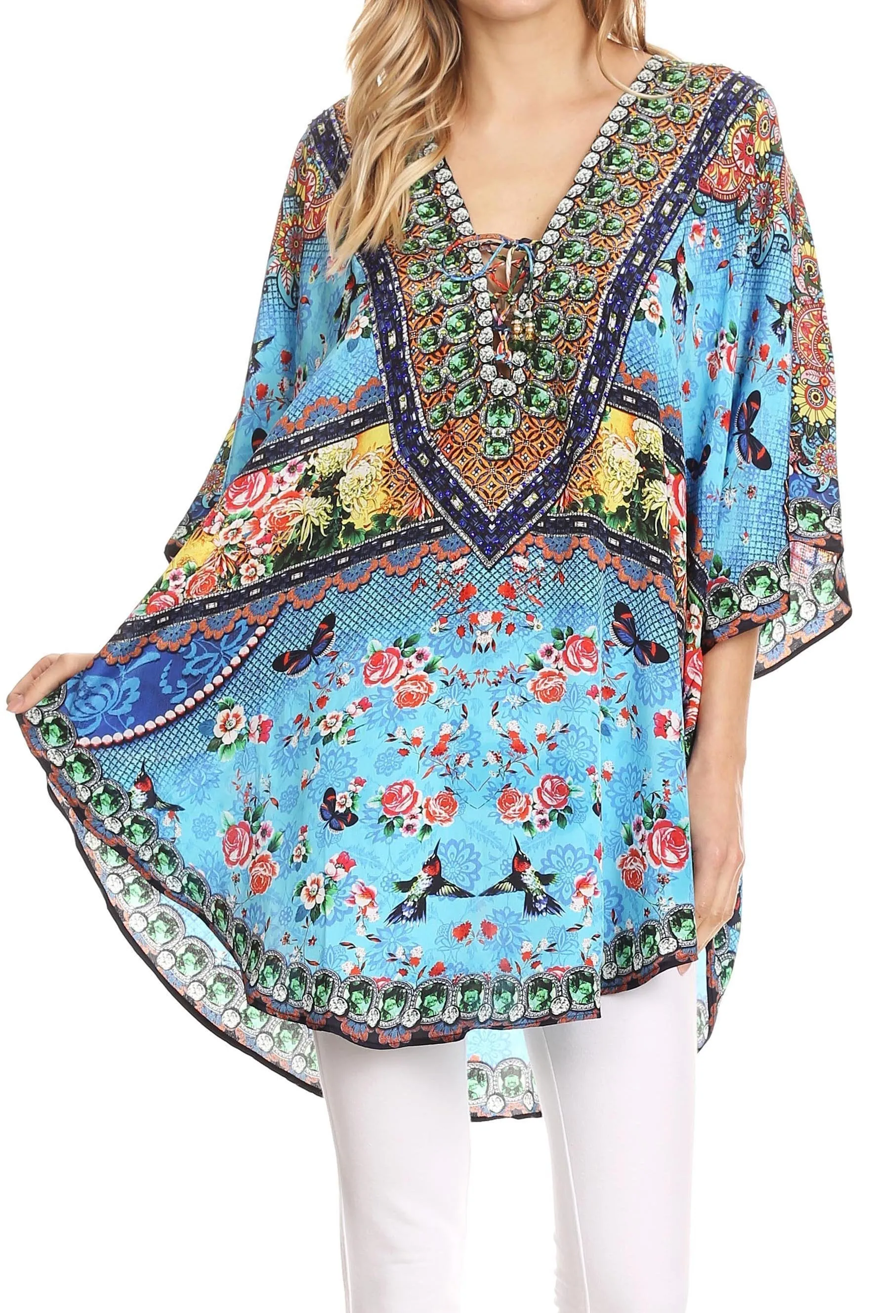 Sakkas Tallulah Wide Circle Blouse V Neck Top With Tassle Ties And Rhinestones