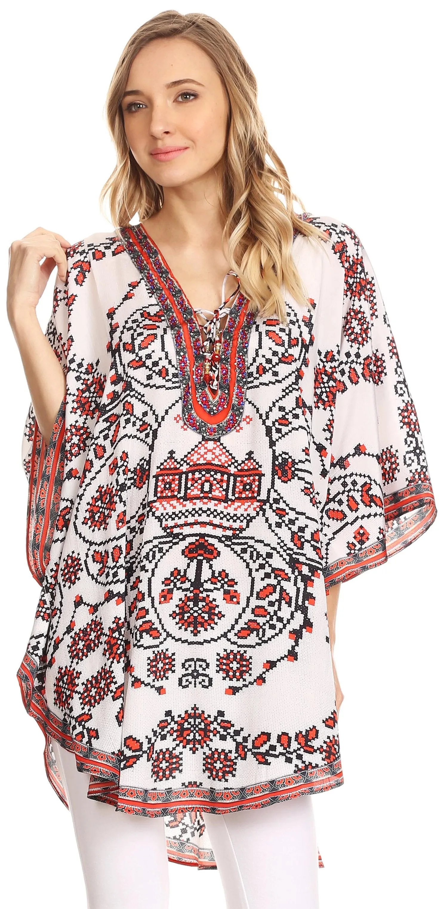 Sakkas Tallulah Wide Circle Blouse V Neck Top With Tassle Ties And Rhinestones