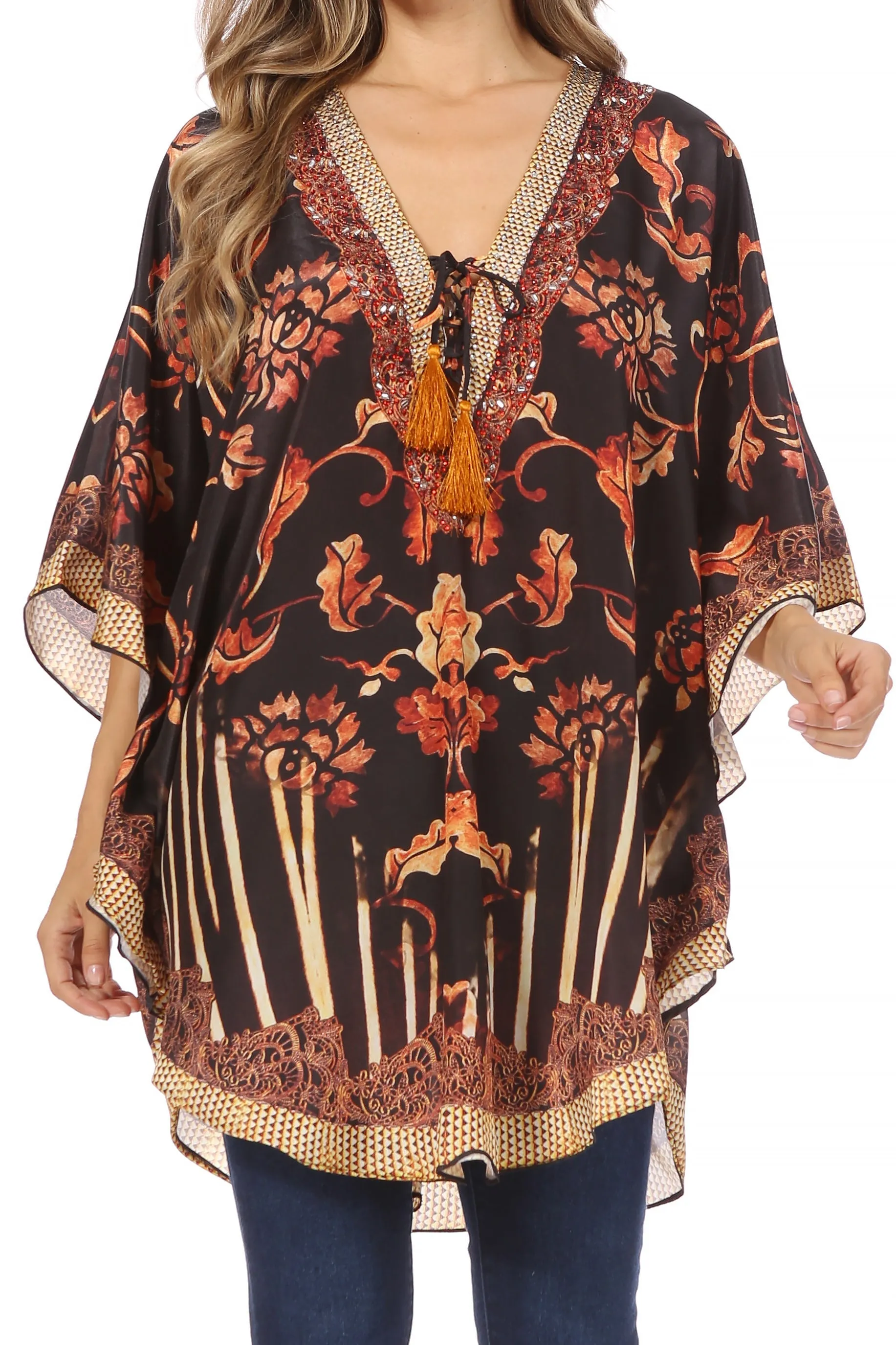 Sakkas Tallulah Wide Circle Blouse V Neck Top With Tassle Ties And Rhinestones