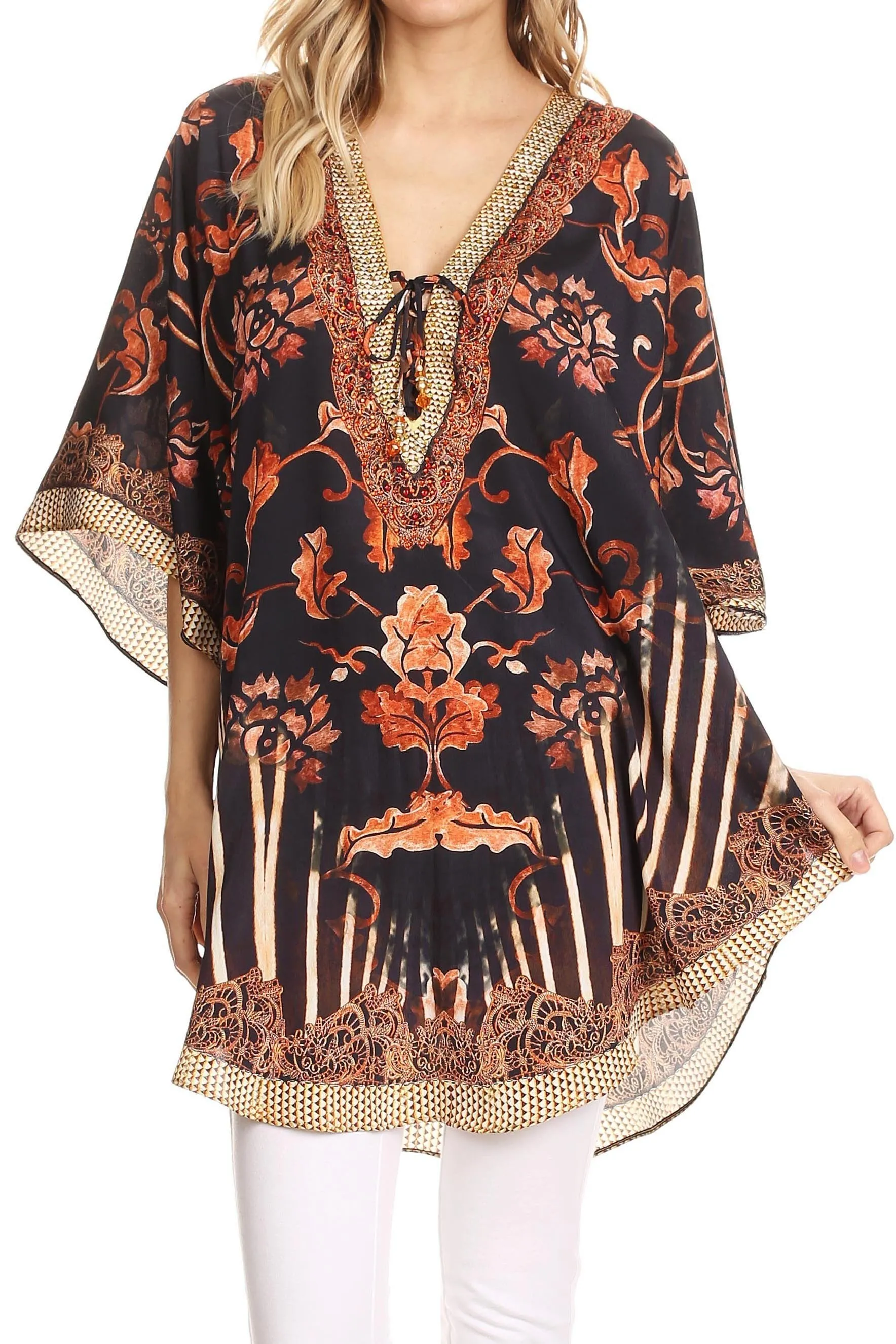 Sakkas Tallulah Wide Circle Blouse V Neck Top With Tassle Ties And Rhinestones