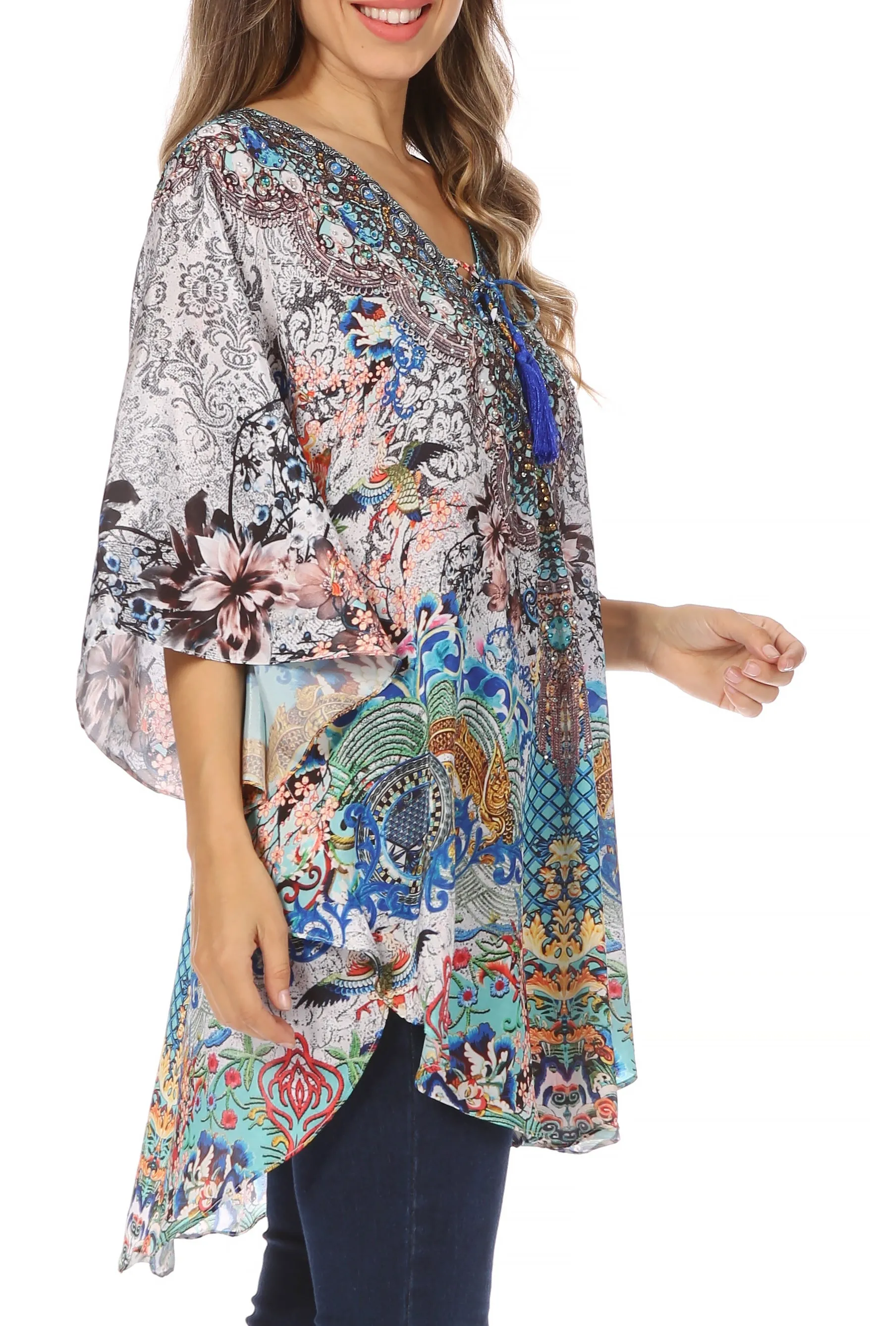 Sakkas Tallulah Wide Circle Blouse V Neck Top With Tassle Ties And Rhinestones