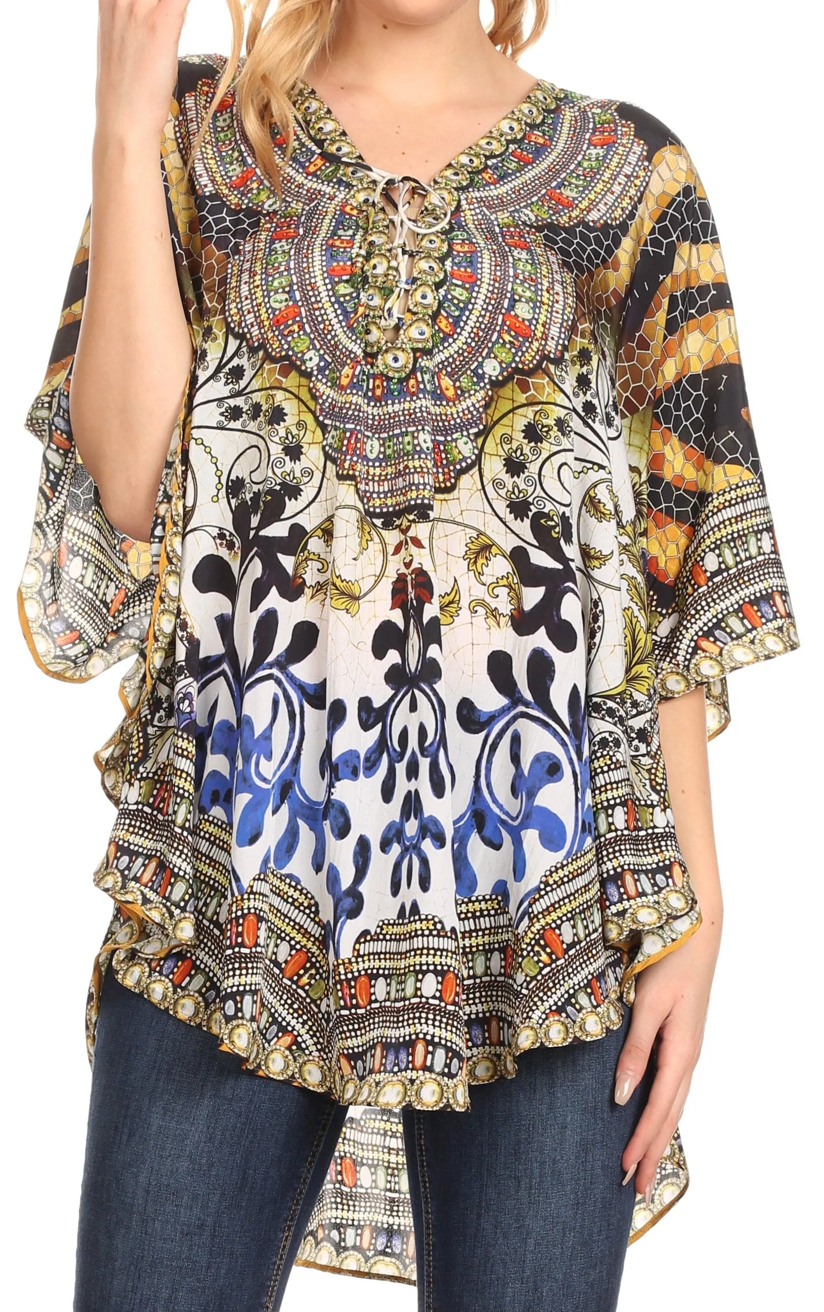 Sakkas Tallulah Wide Circle Blouse V Neck Top With Tassle Ties And Rhinestones