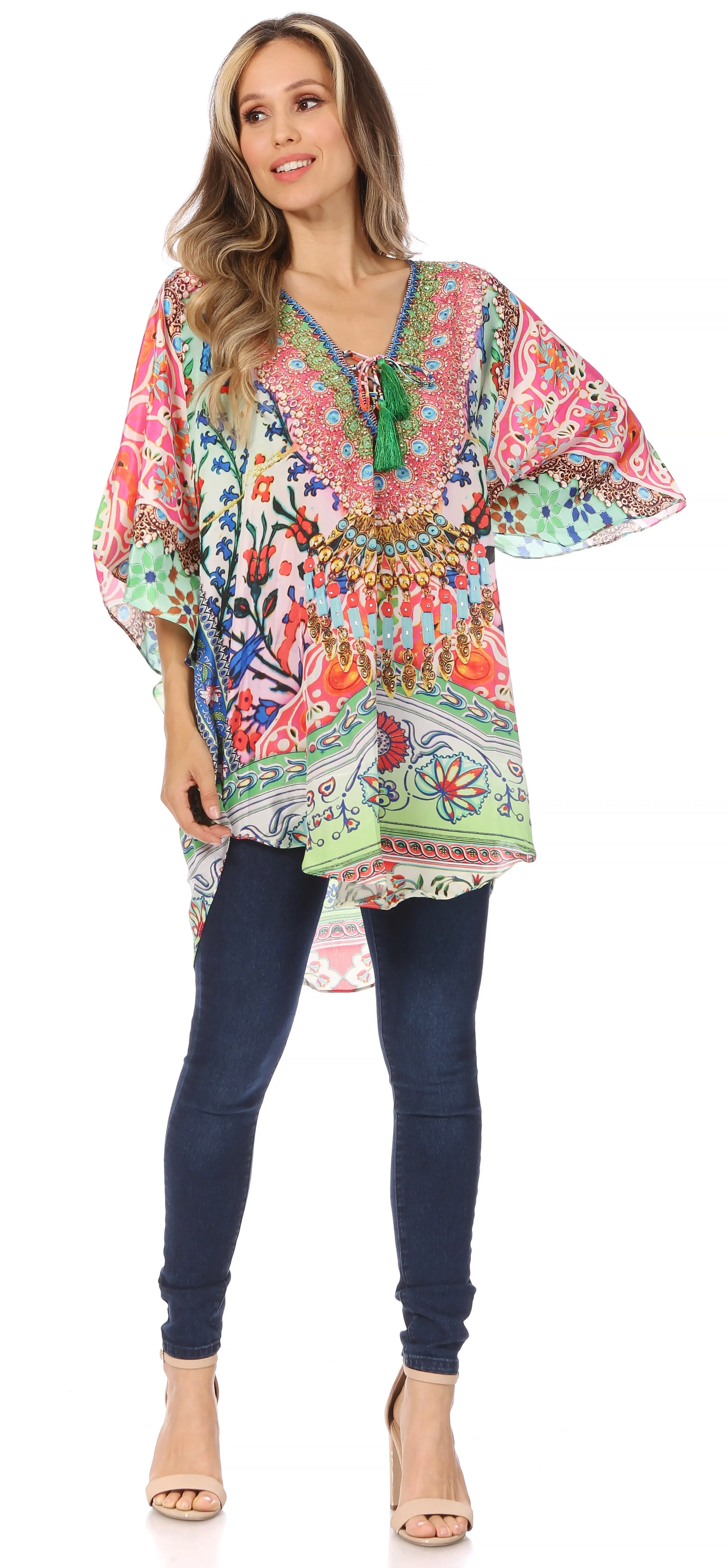 Sakkas Tallulah Wide Circle Blouse V Neck Top With Tassle Ties And Rhinestones