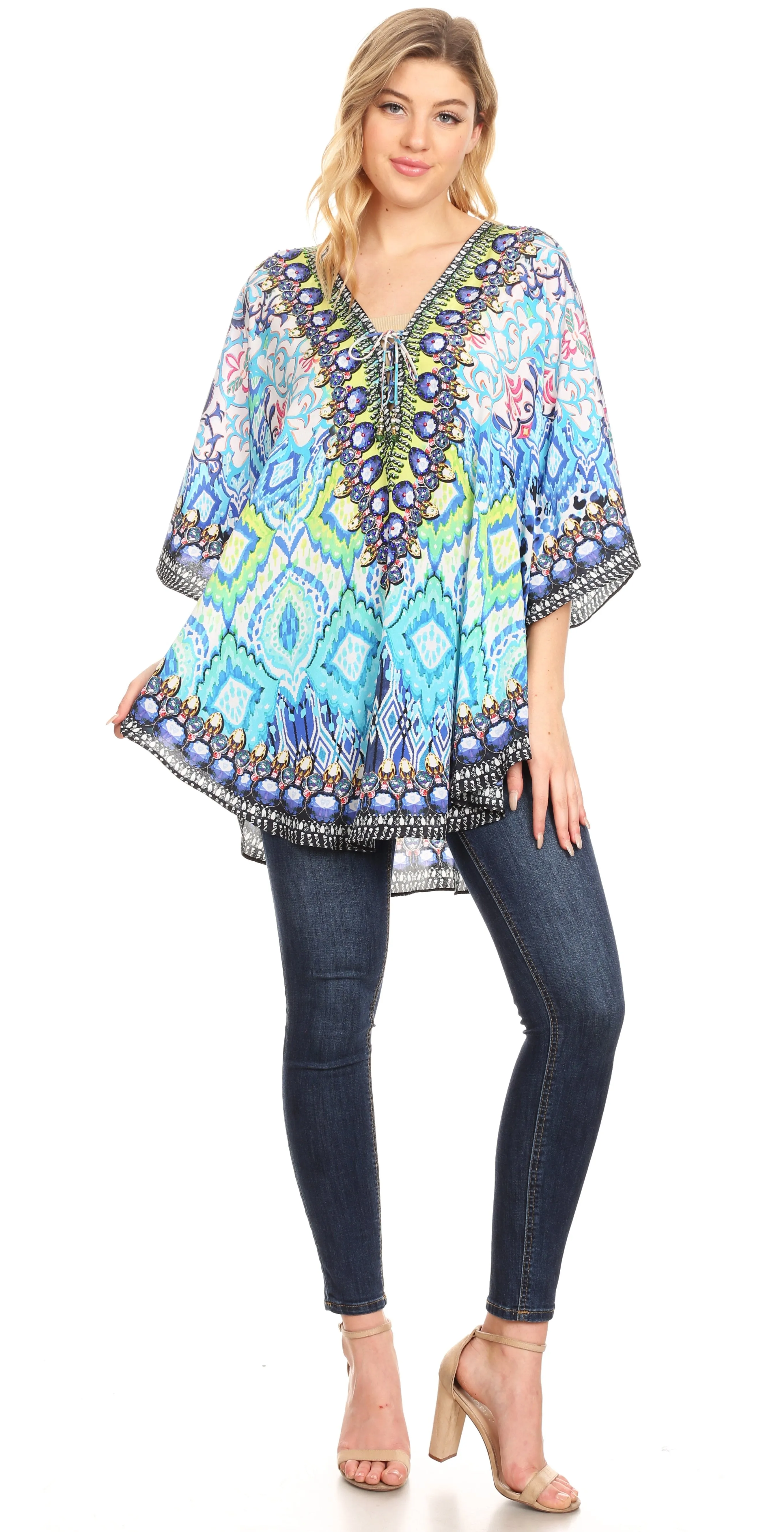 Sakkas Tallulah Wide Circle Blouse V Neck Top With Tassle Ties And Rhinestones