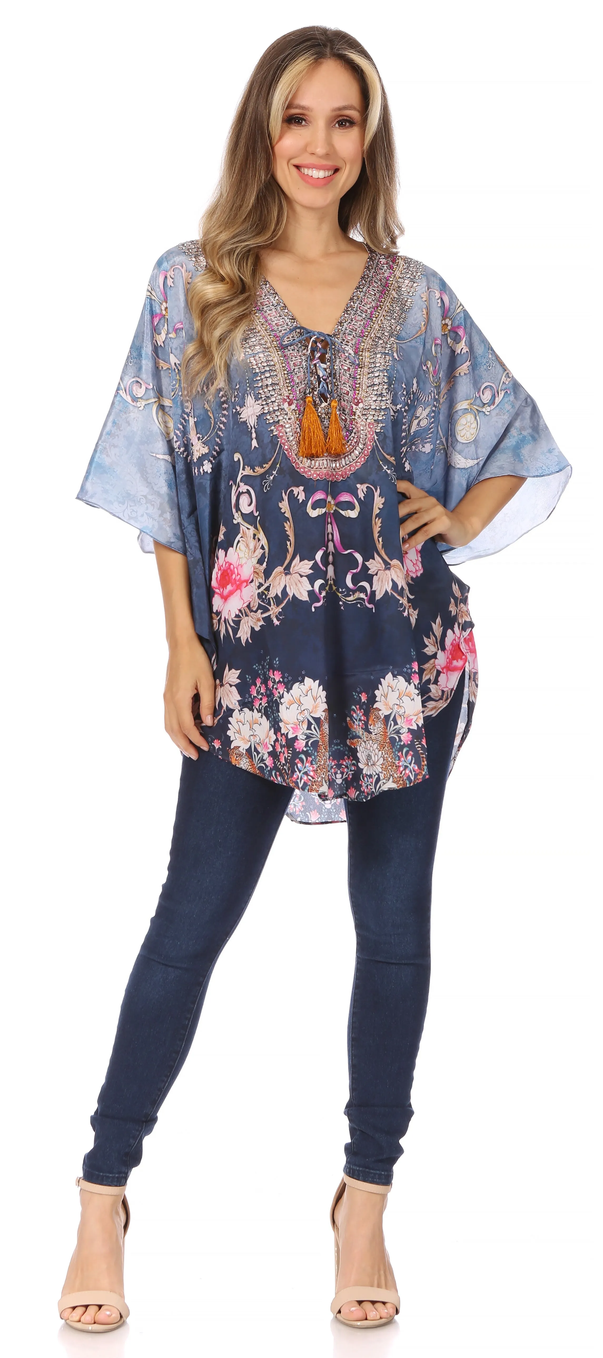 Sakkas Tallulah Wide Circle Blouse V Neck Top With Tassle Ties And Rhinestones