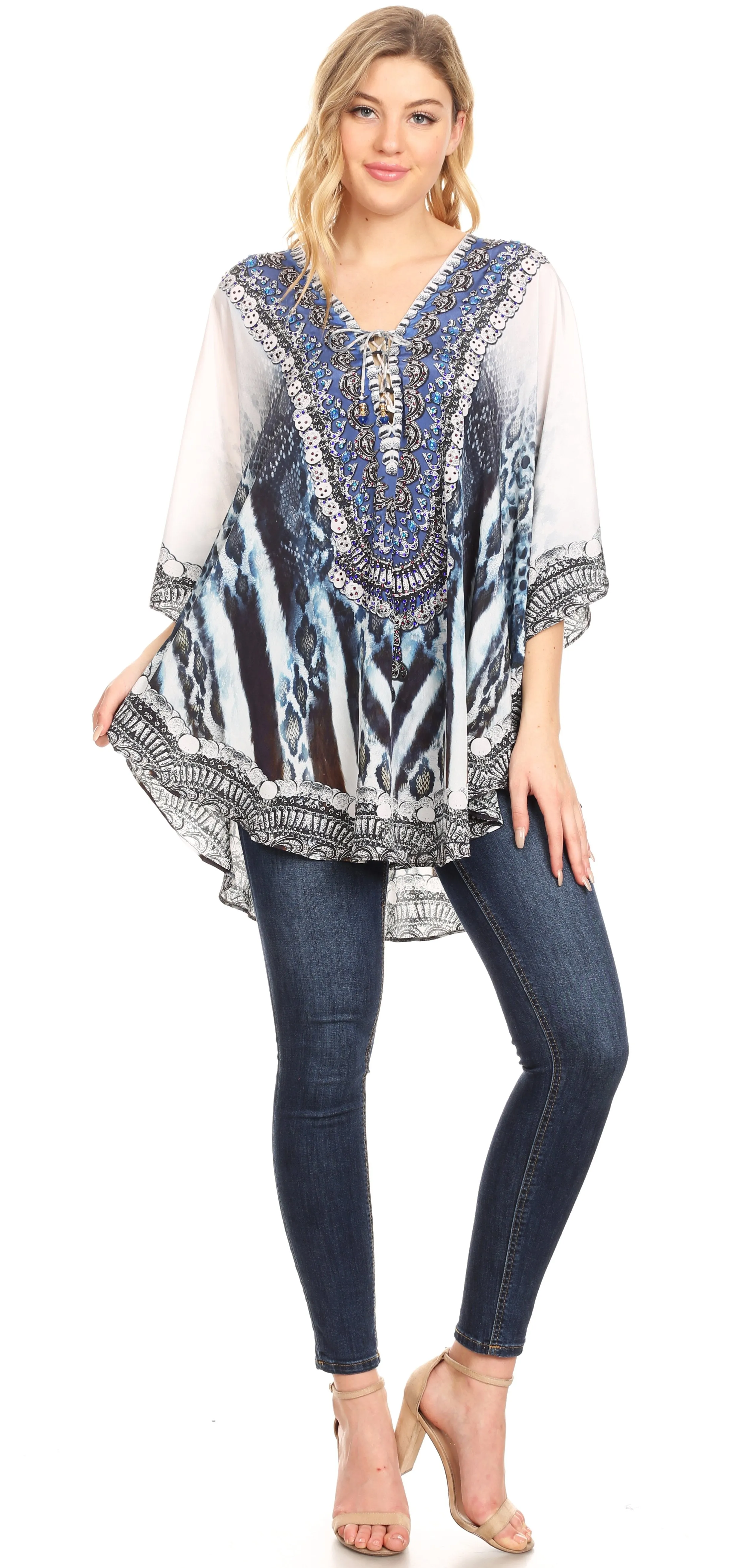 Sakkas Tallulah Wide Circle Blouse V Neck Top With Tassle Ties And Rhinestones