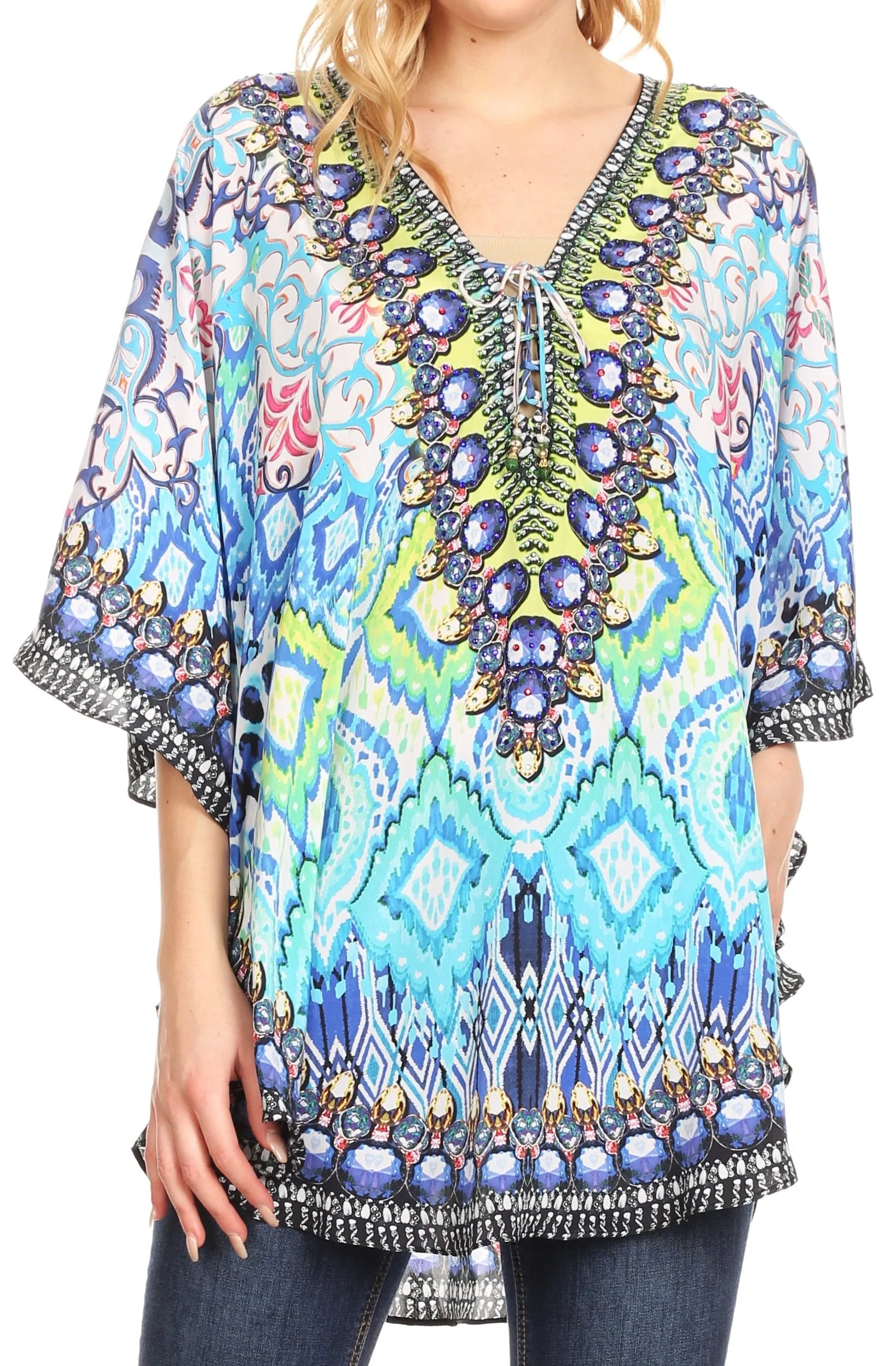 Sakkas Tallulah Wide Circle Blouse V Neck Top With Tassle Ties And Rhinestones