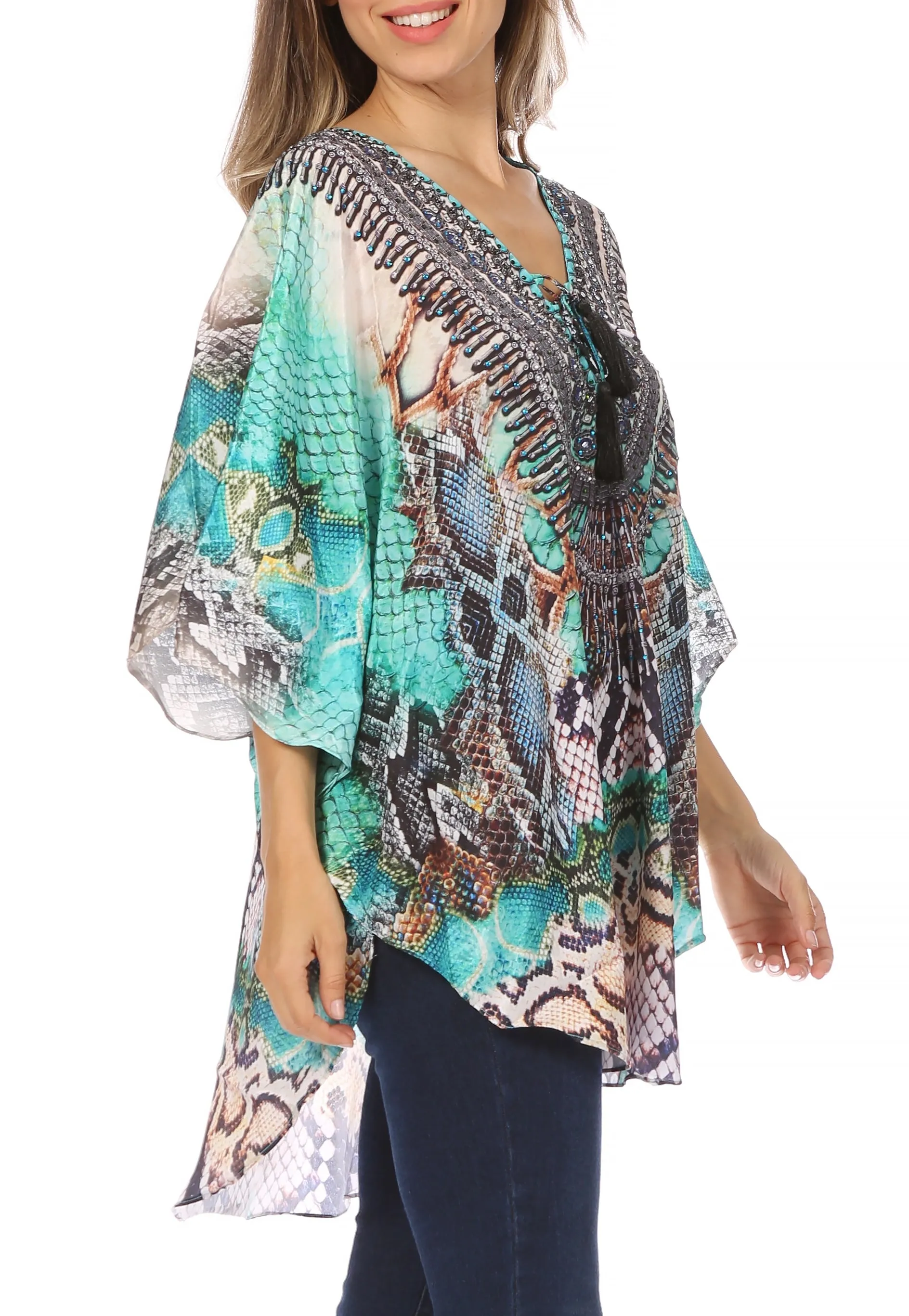 Sakkas Tallulah Wide Circle Blouse V Neck Top With Tassle Ties And Rhinestones