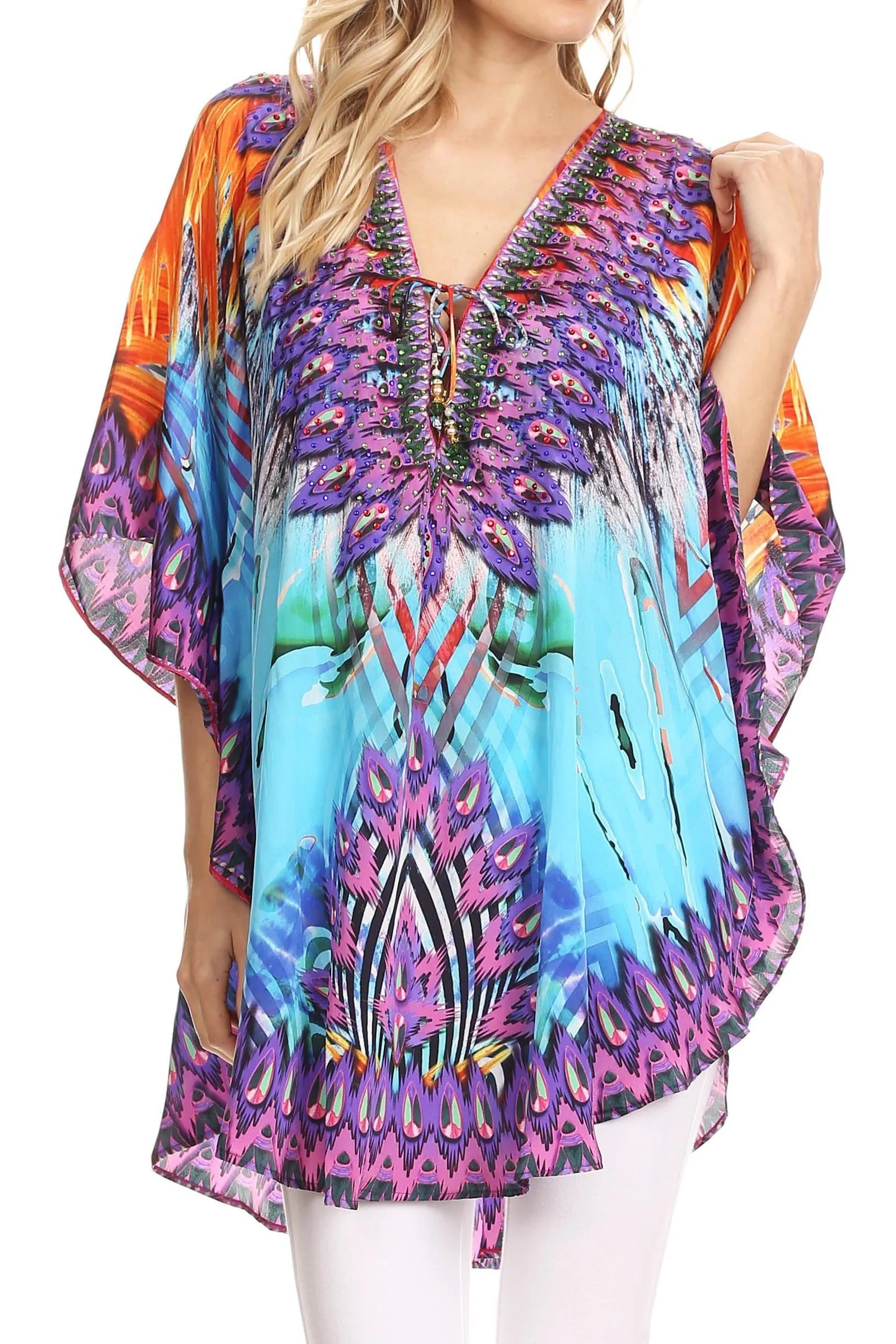 Sakkas Tallulah Wide Circle Blouse V Neck Top With Tassle Ties And Rhinestones