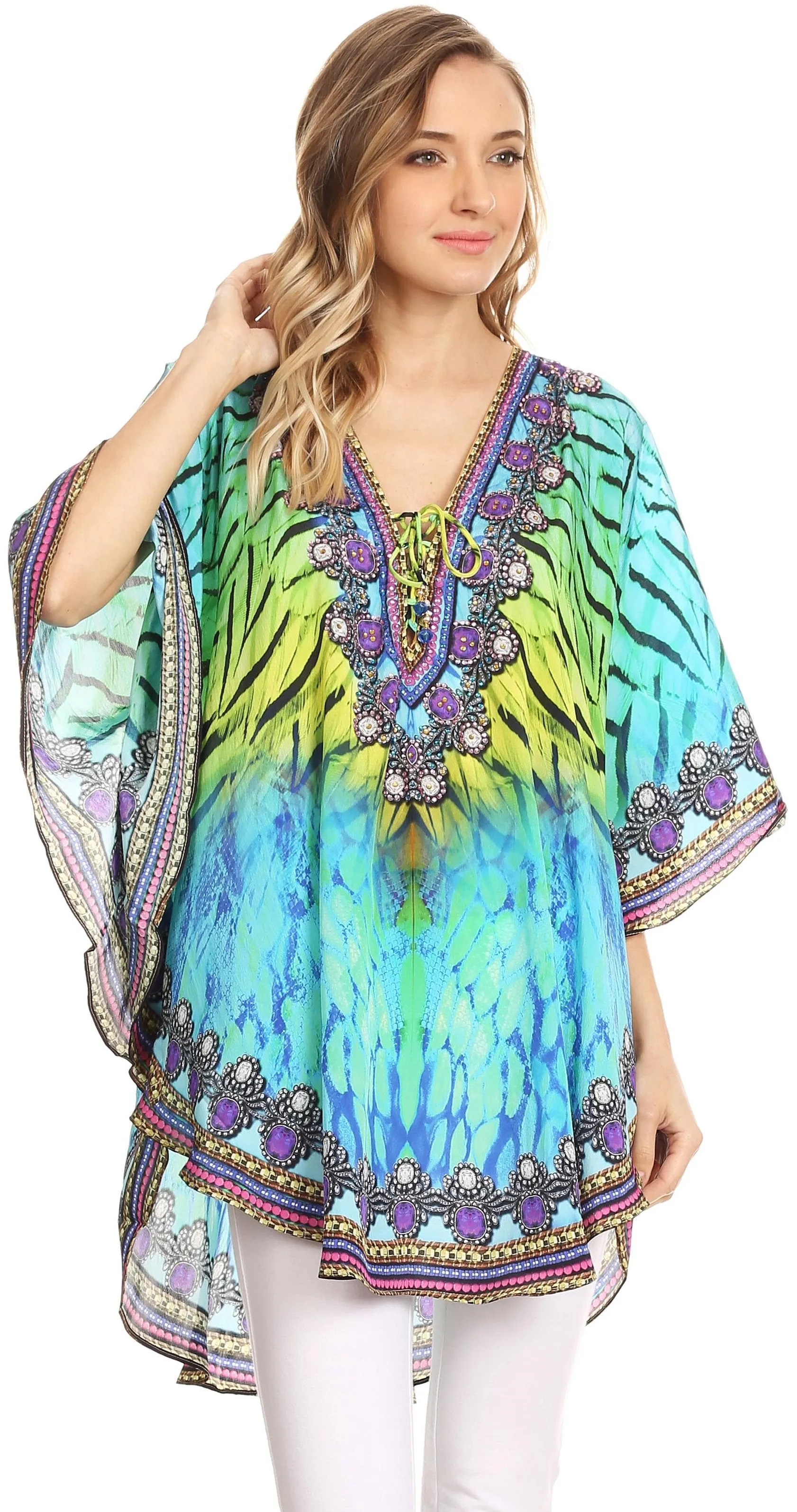 Sakkas Tallulah Wide Circle Blouse V Neck Top With Tassle Ties And Rhinestones