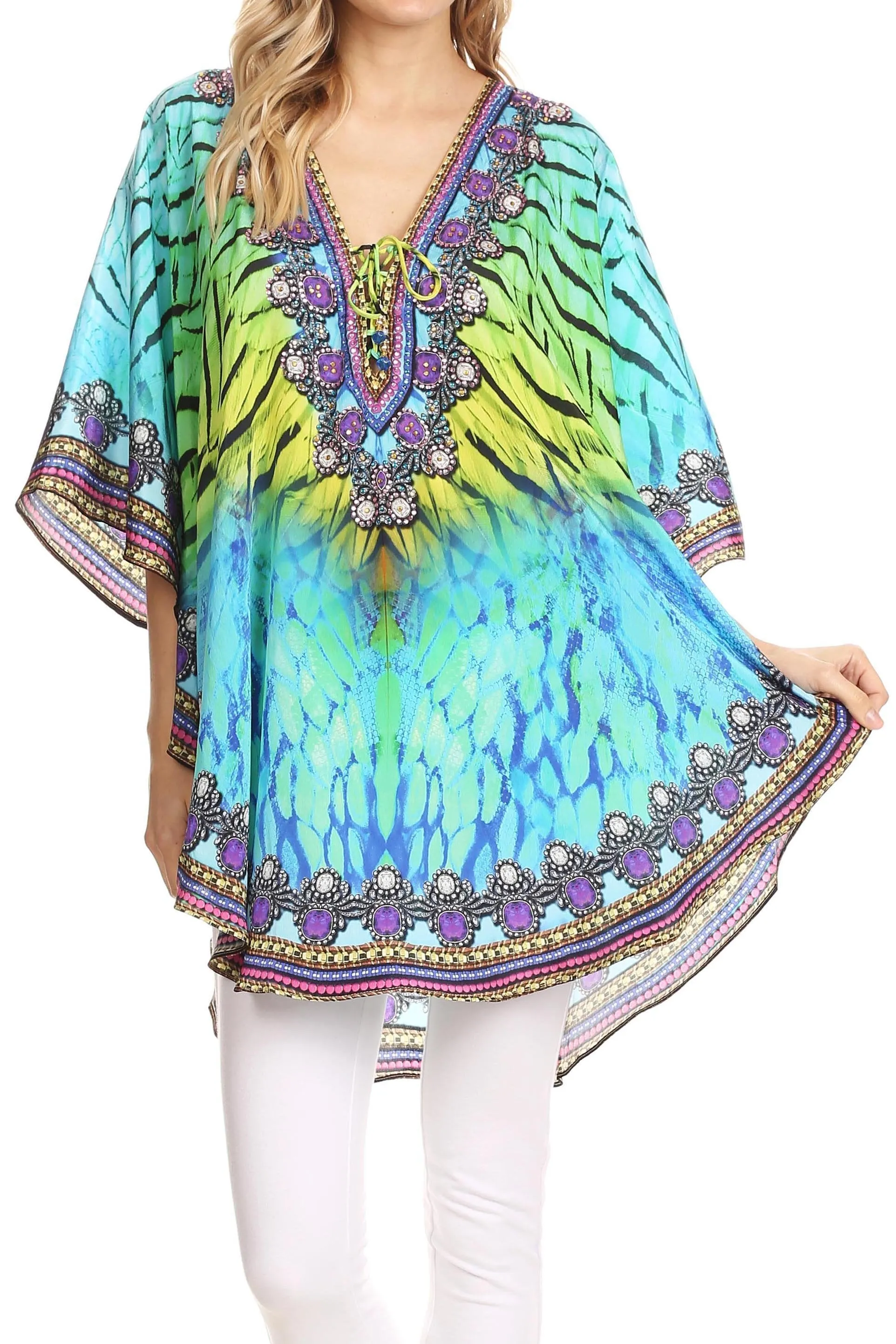 Sakkas Tallulah Wide Circle Blouse V Neck Top With Tassle Ties And Rhinestones