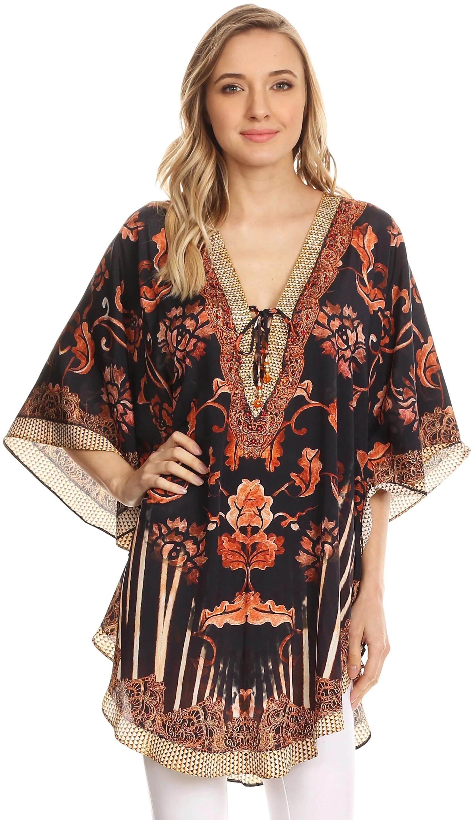 Sakkas Tallulah Wide Circle Blouse V Neck Top With Tassle Ties And Rhinestones