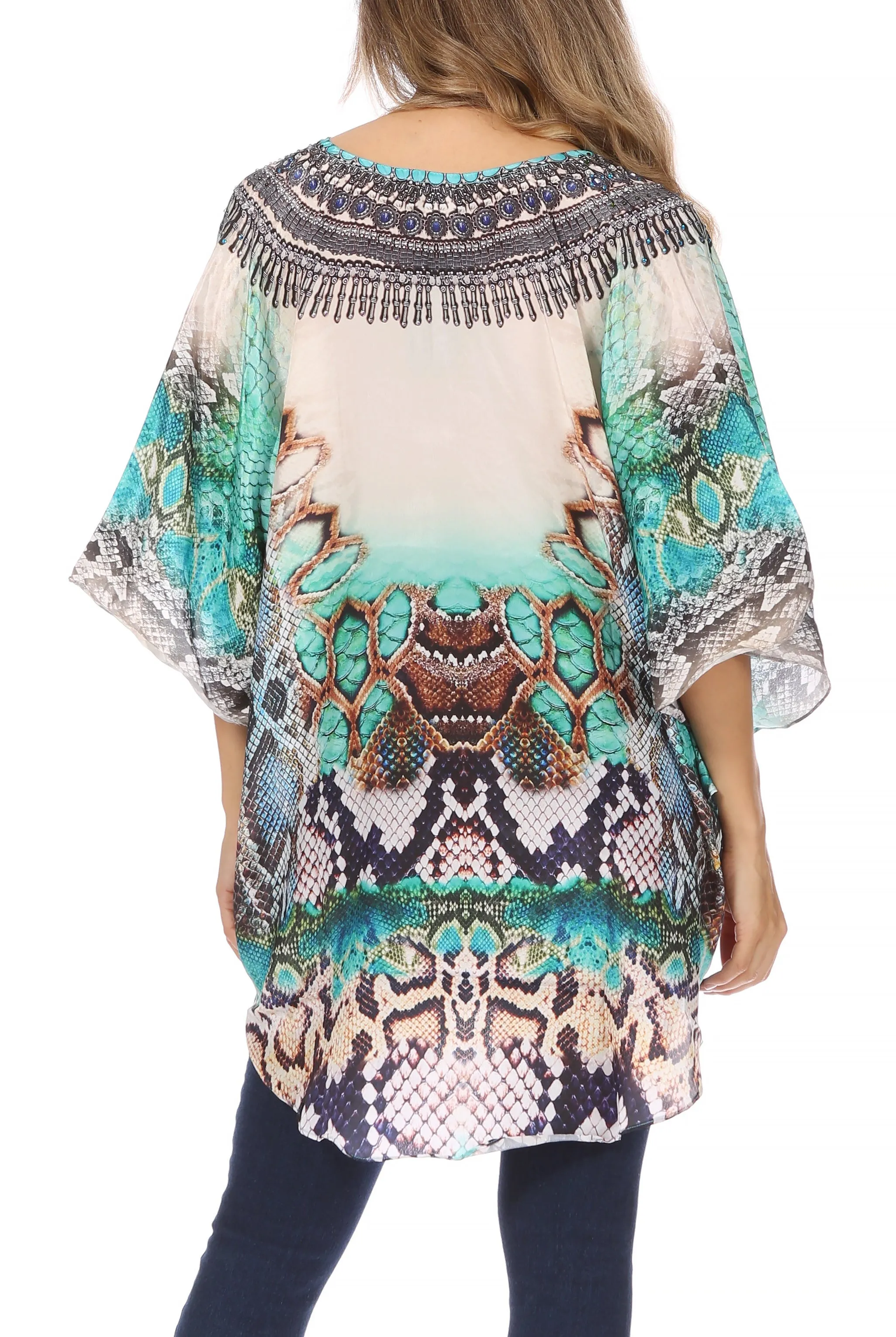 Sakkas Tallulah Wide Circle Blouse V Neck Top With Tassle Ties And Rhinestones