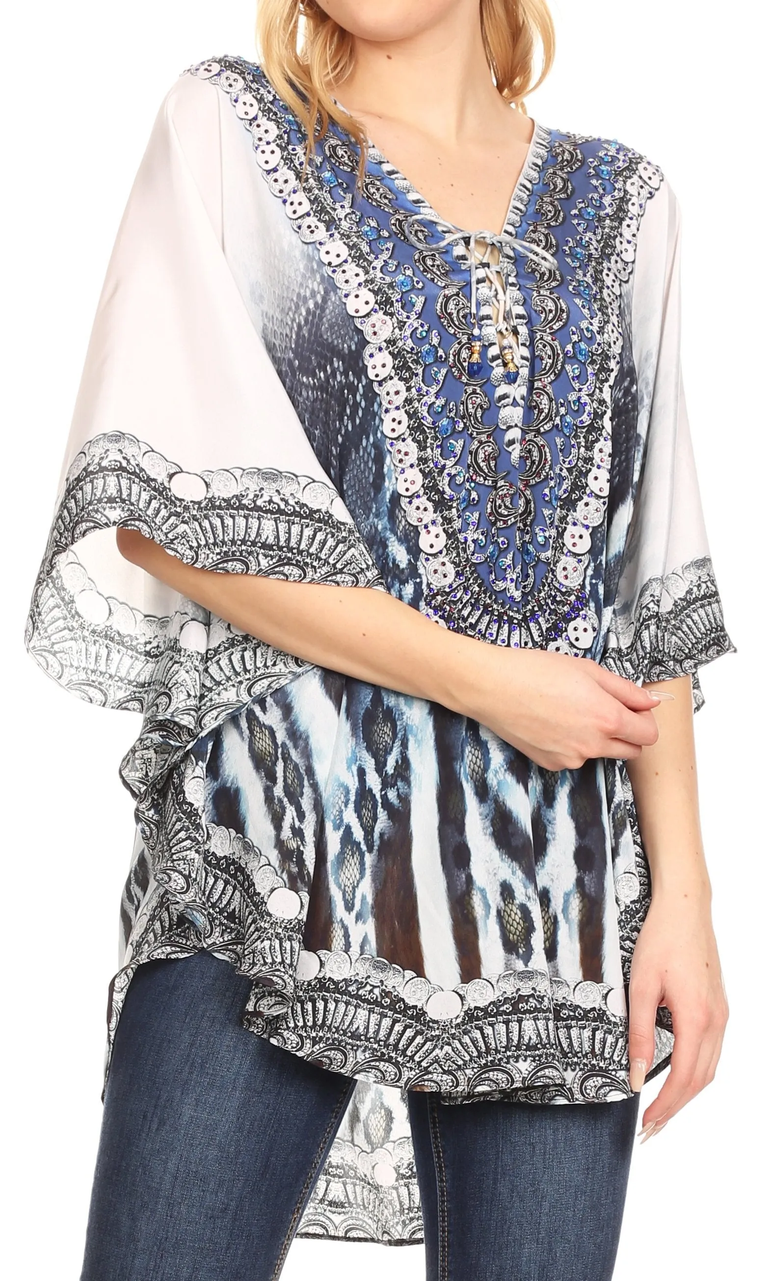 Sakkas Tallulah Wide Circle Blouse V Neck Top With Tassle Ties And Rhinestones