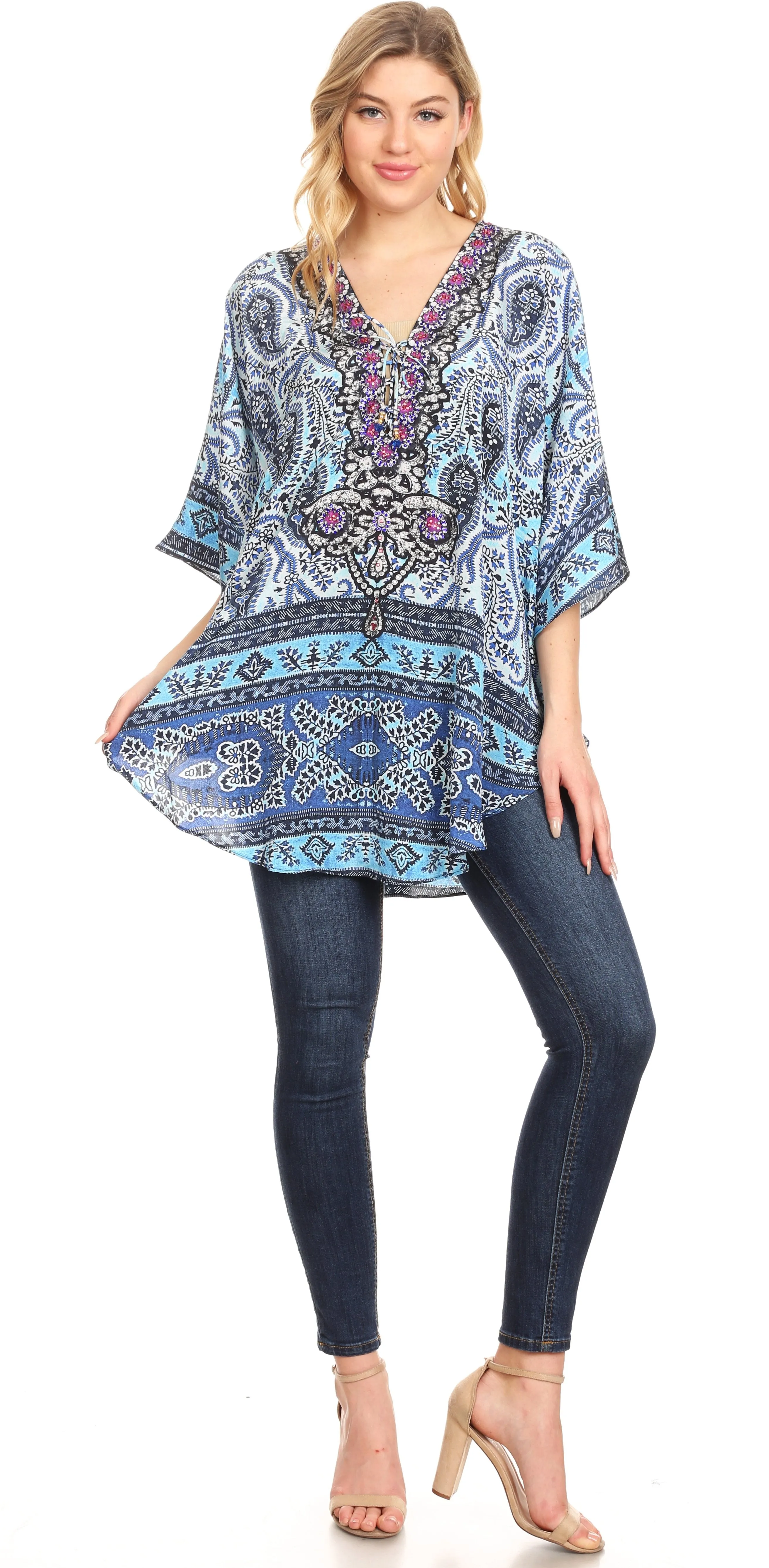 Sakkas Tallulah Wide Circle Blouse V Neck Top With Tassle Ties And Rhinestones