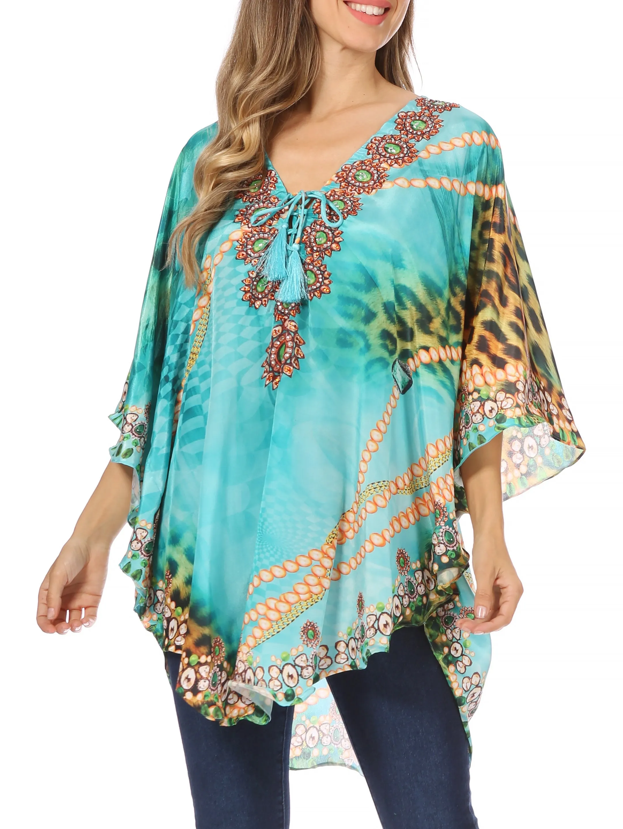 Sakkas Tallulah Wide Circle Blouse V Neck Top With Tassle Ties And Rhinestones