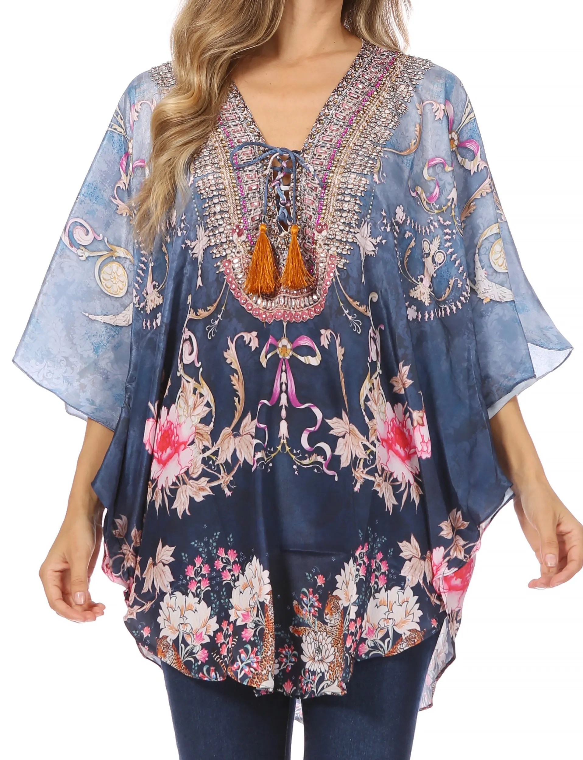 Sakkas Tallulah Wide Circle Blouse V Neck Top With Tassle Ties And Rhinestones