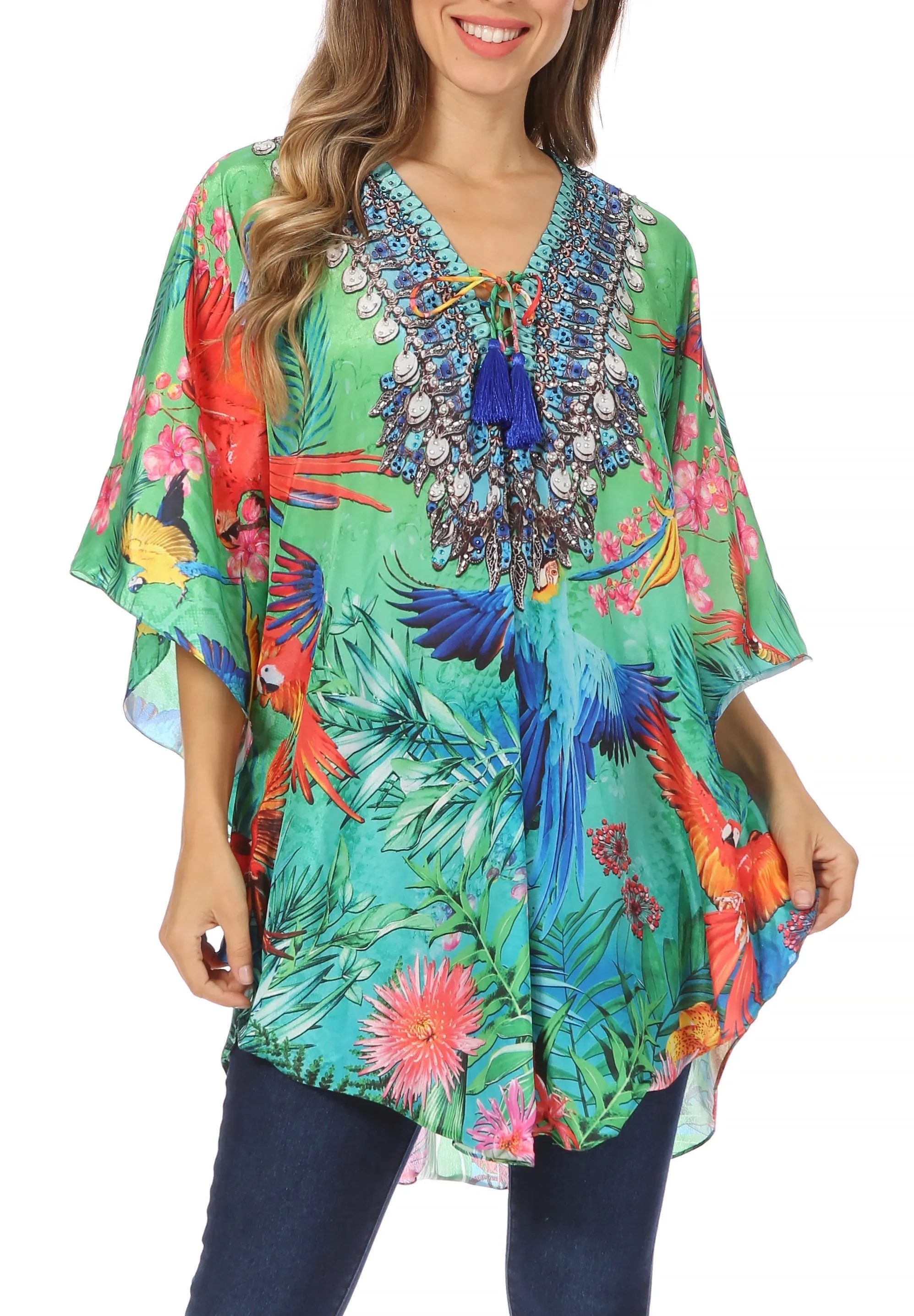 Sakkas Tallulah Wide Circle Blouse V Neck Top With Tassle Ties And Rhinestones