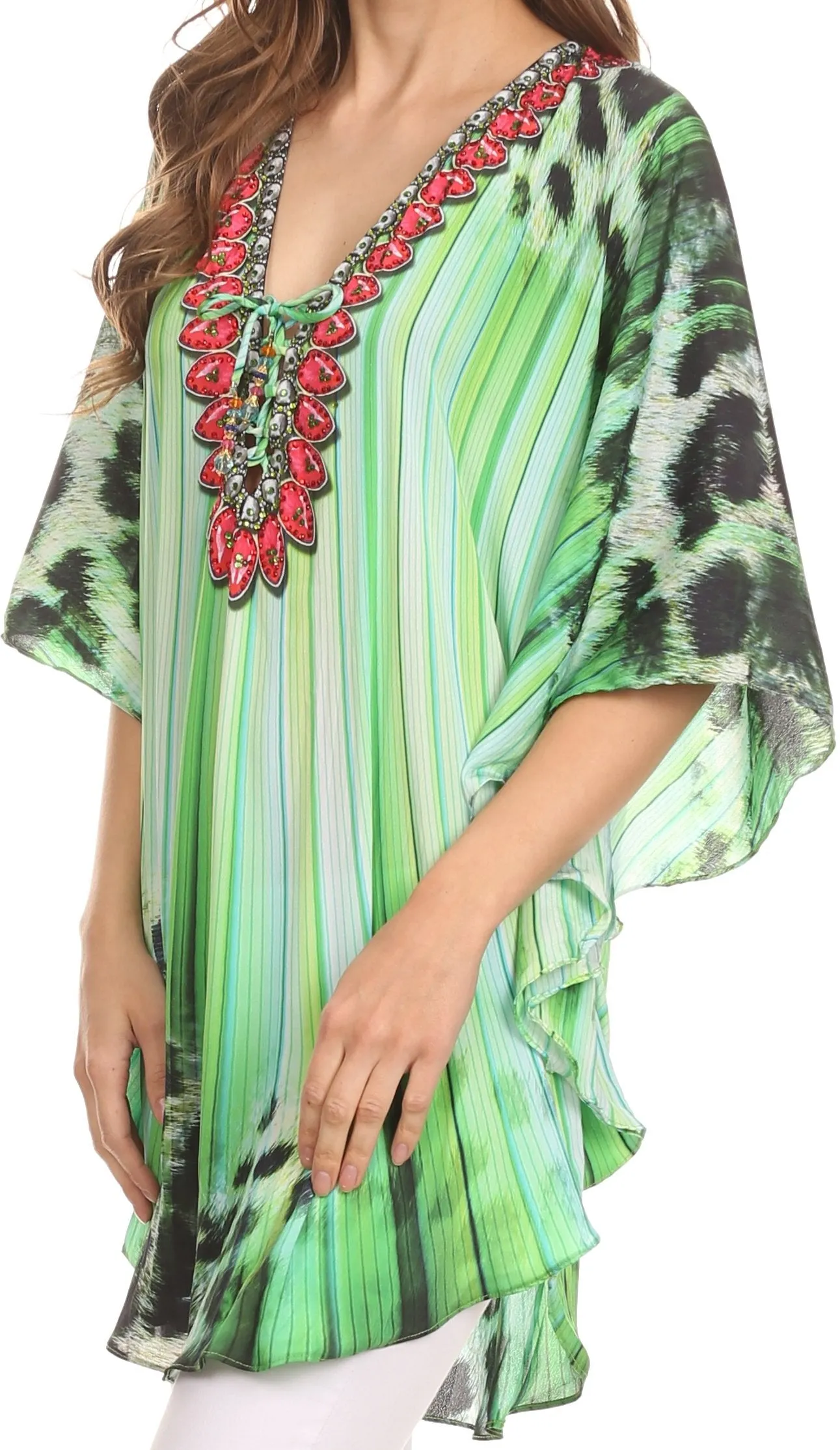 Sakkas Tallulah Wide Circle Blouse V Neck Top With Tassle Ties And Rhinestones