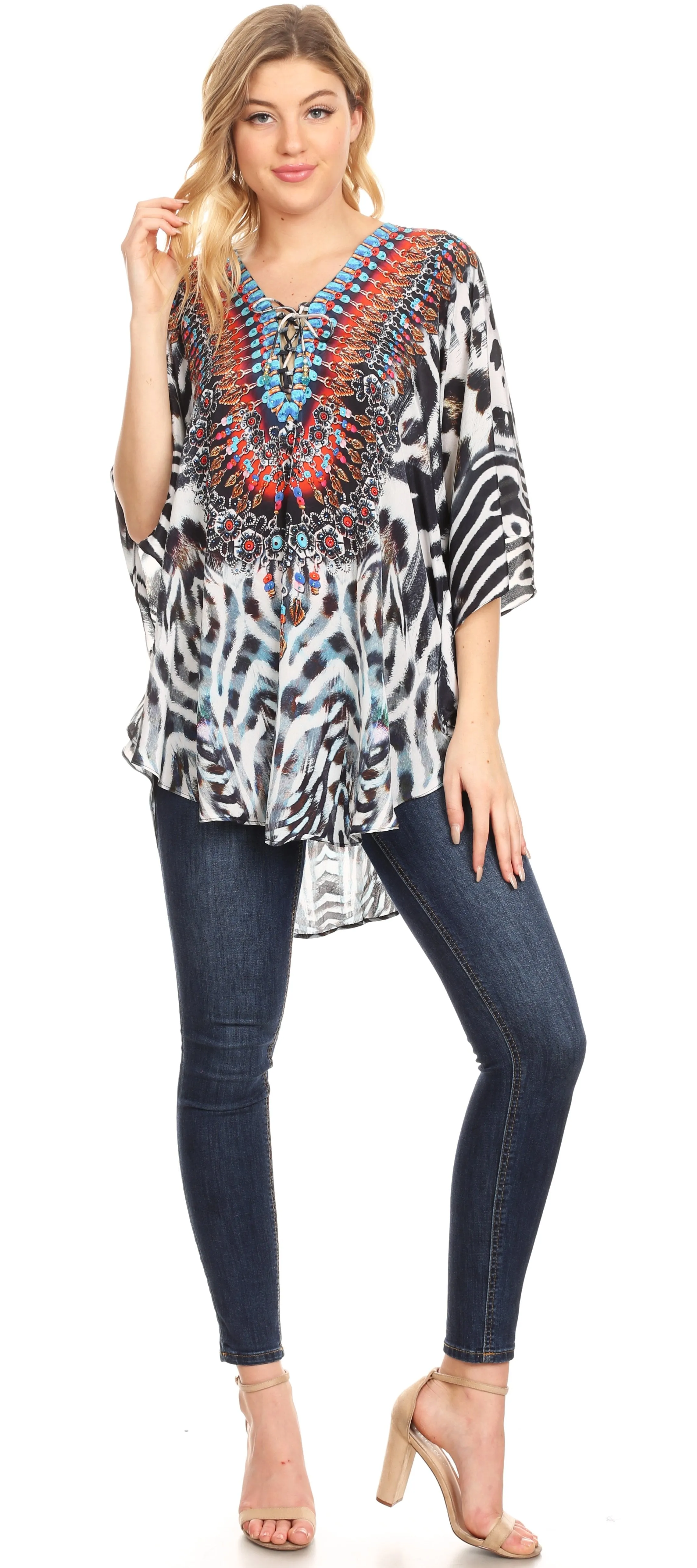 Sakkas Tallulah Wide Circle Blouse V Neck Top With Tassle Ties And Rhinestones