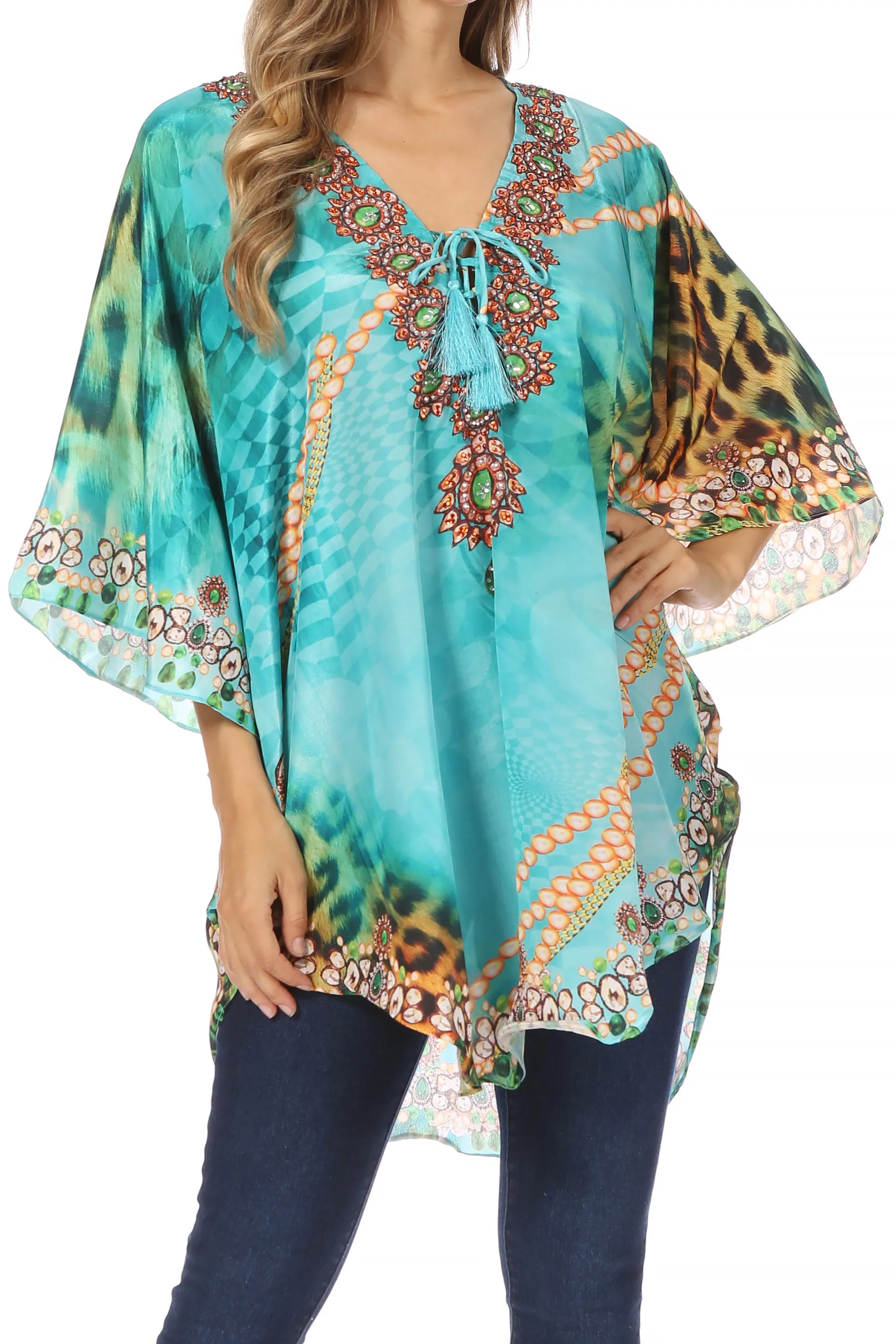 Sakkas Tallulah Wide Circle Blouse V Neck Top With Tassle Ties And Rhinestones