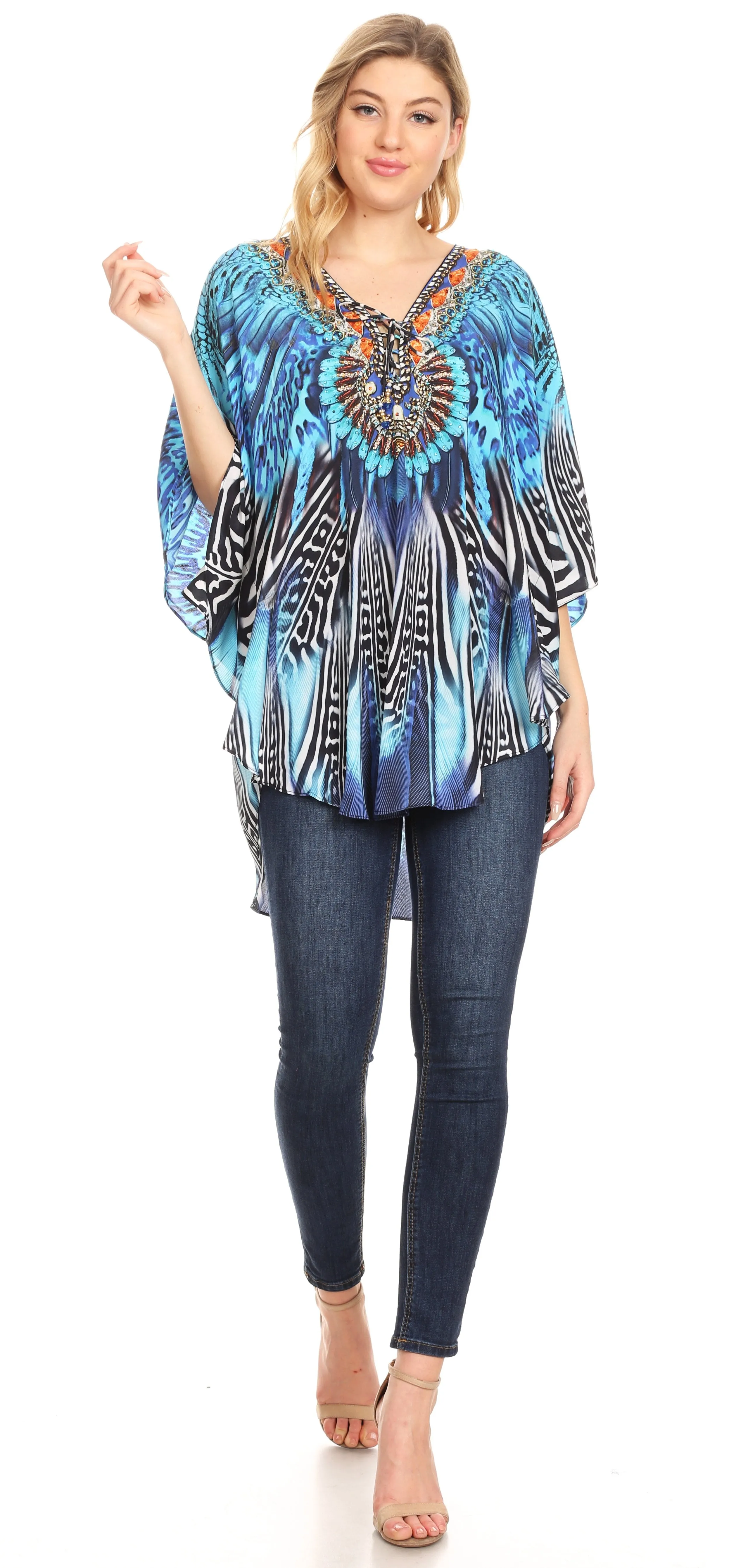 Sakkas Tallulah Wide Circle Blouse V Neck Top With Tassle Ties And Rhinestones