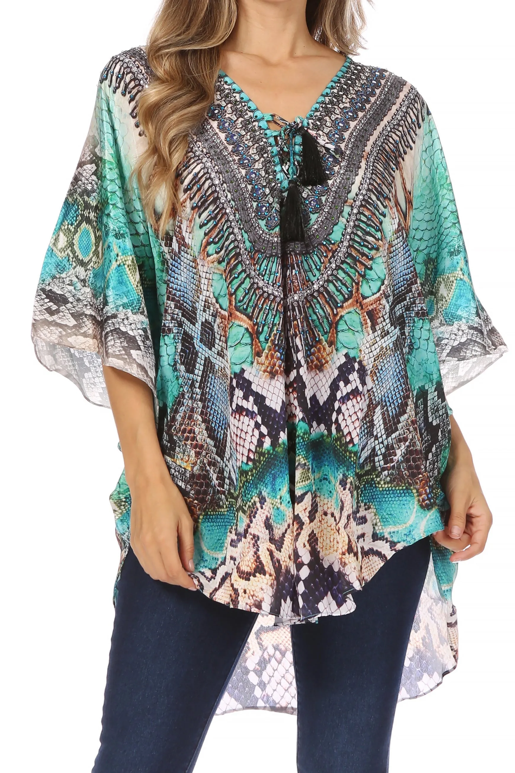 Sakkas Tallulah Wide Circle Blouse V Neck Top With Tassle Ties And Rhinestones