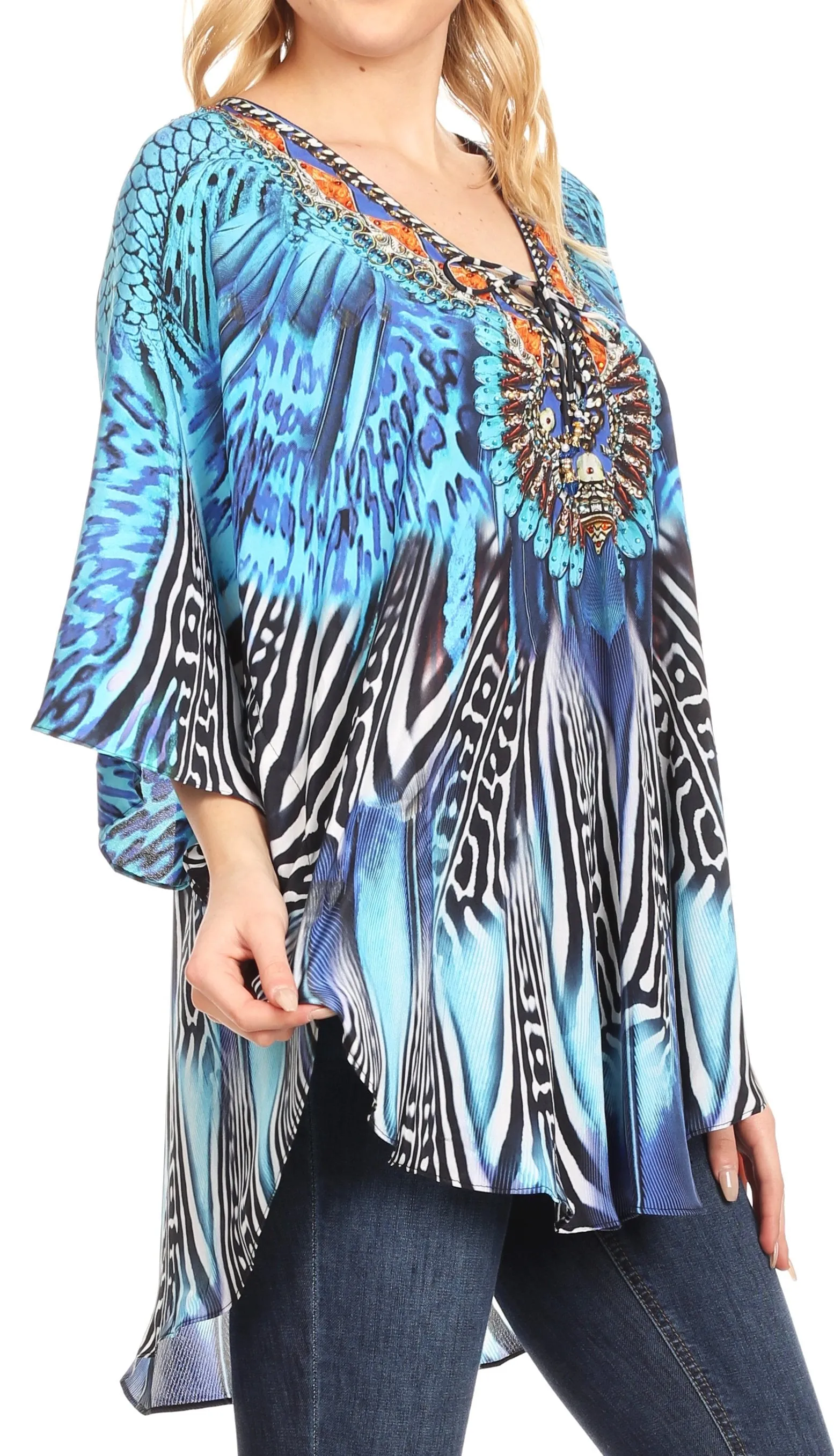 Sakkas Tallulah Wide Circle Blouse V Neck Top With Tassle Ties And Rhinestones