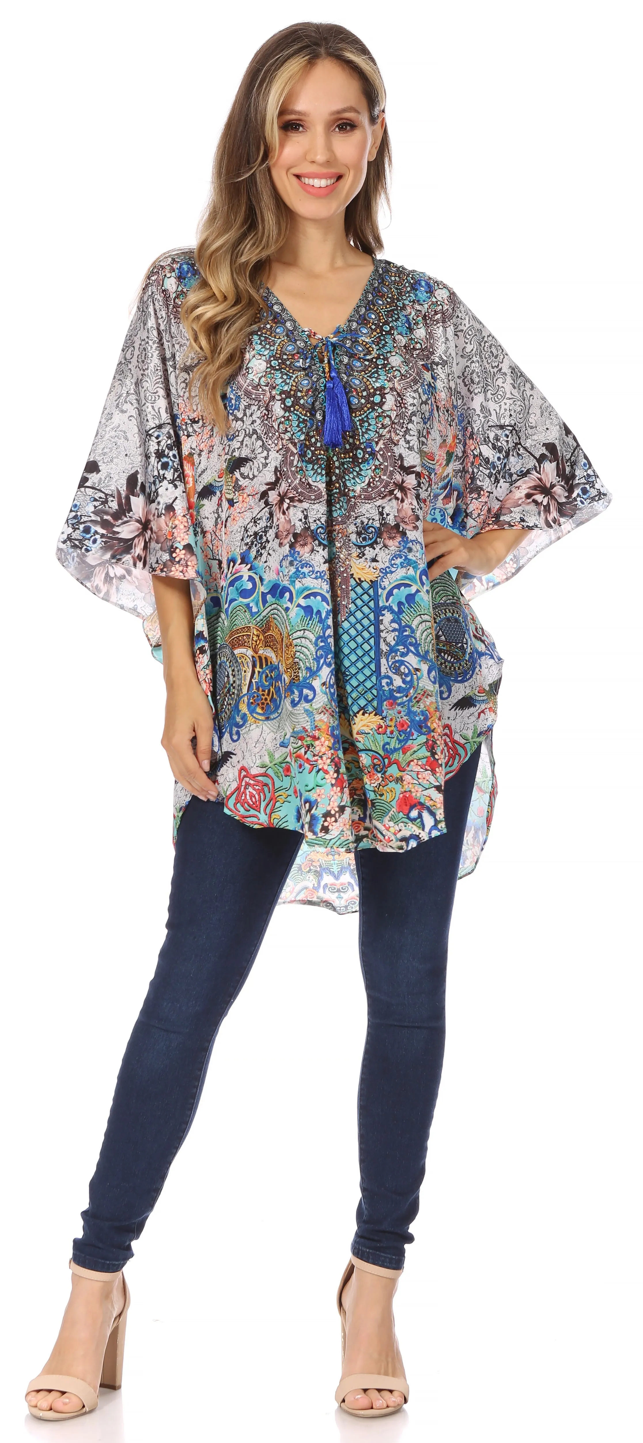 Sakkas Tallulah Wide Circle Blouse V Neck Top With Tassle Ties And Rhinestones