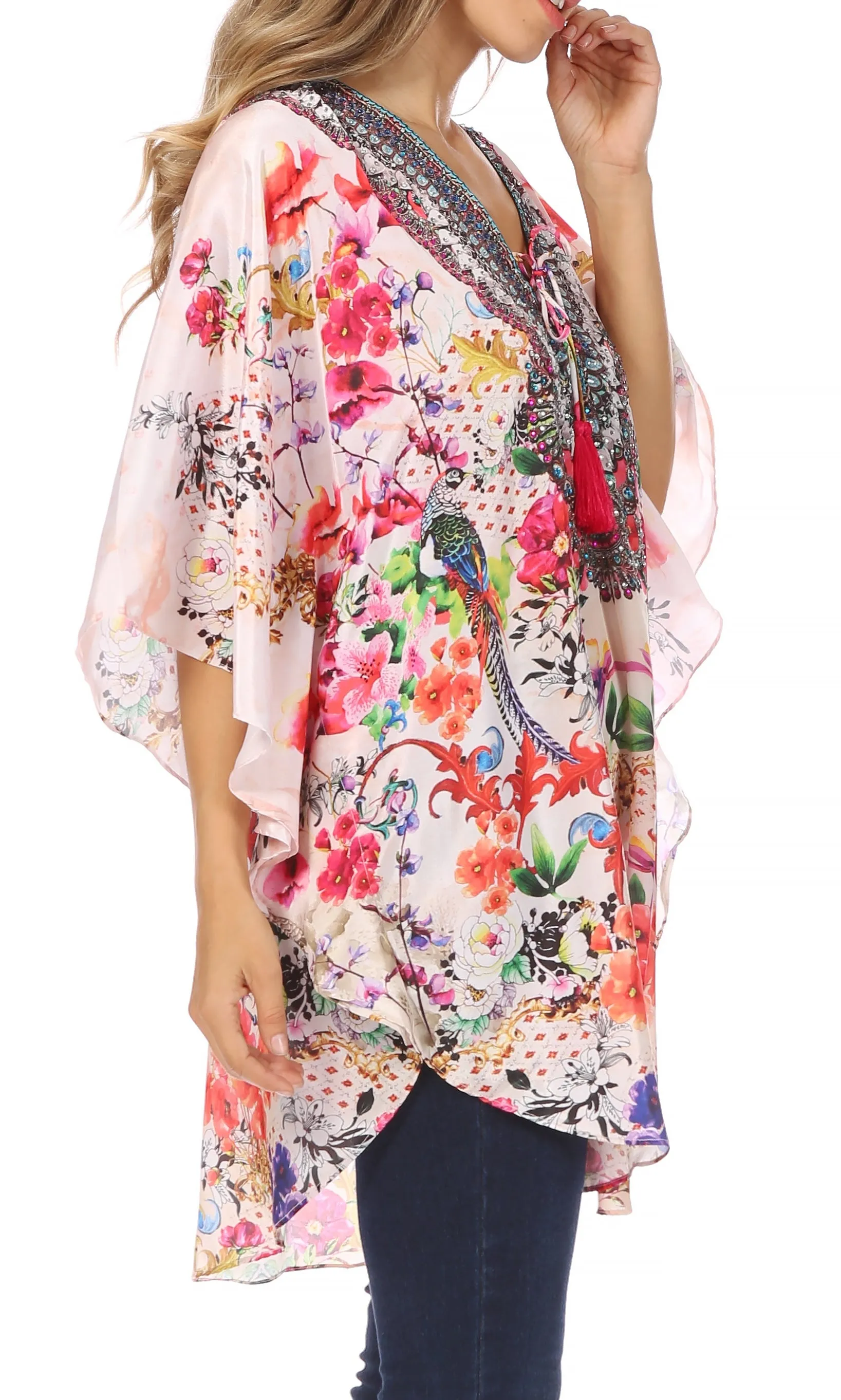 Sakkas Tallulah Wide Circle Blouse V Neck Top With Tassle Ties And Rhinestones