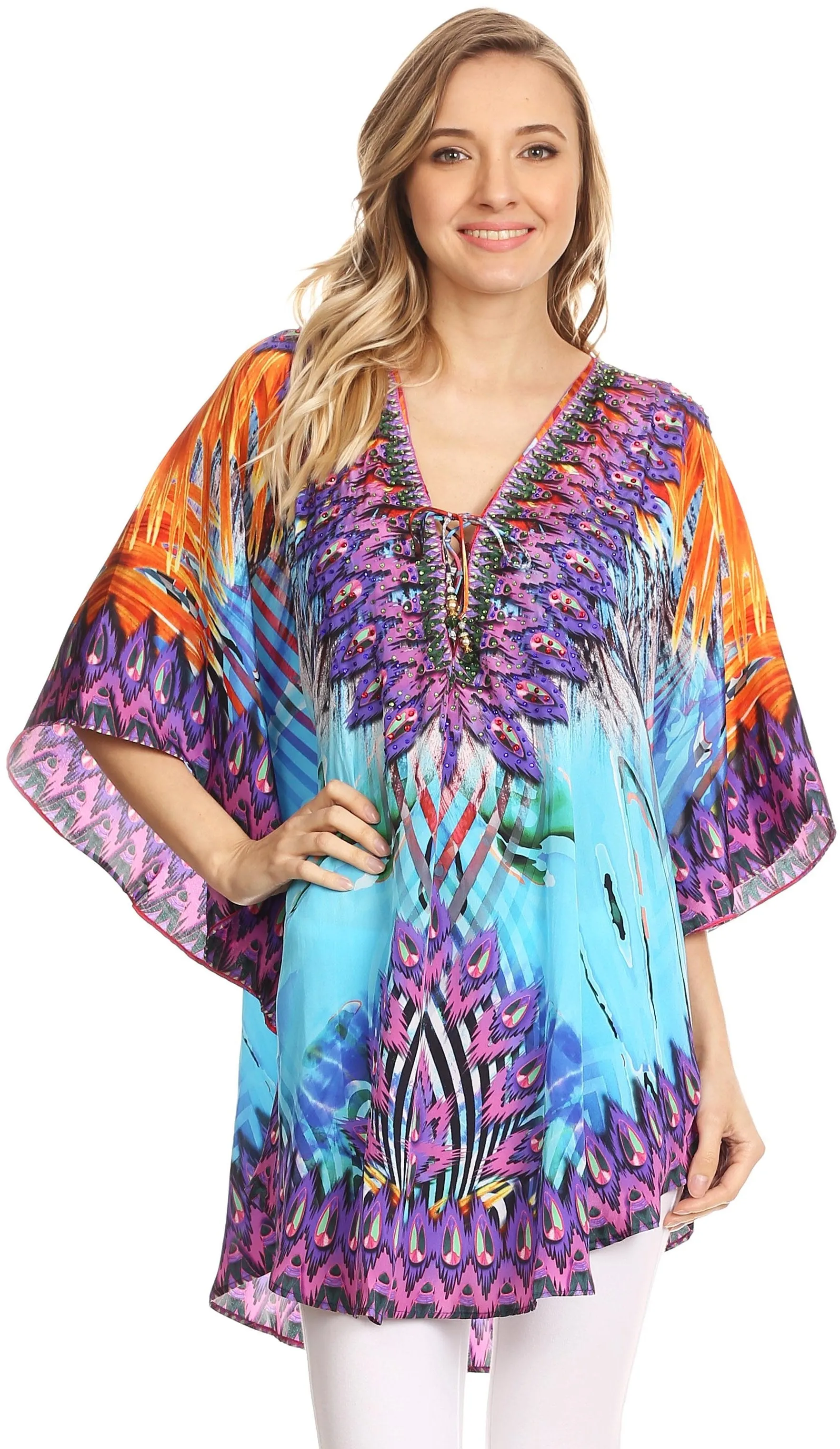 Sakkas Tallulah Wide Circle Blouse V Neck Top With Tassle Ties And Rhinestones