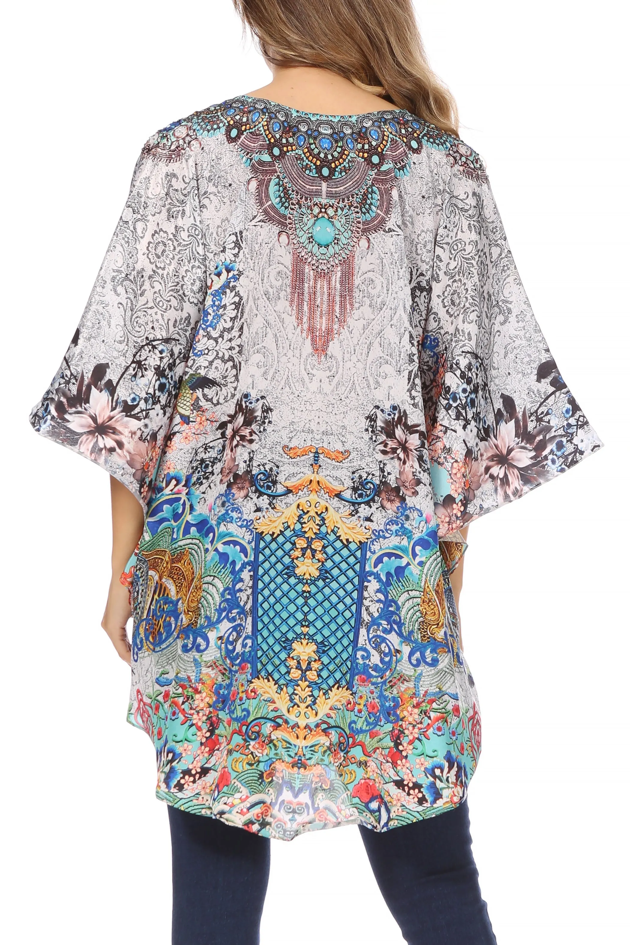 Sakkas Tallulah Wide Circle Blouse V Neck Top With Tassle Ties And Rhinestones