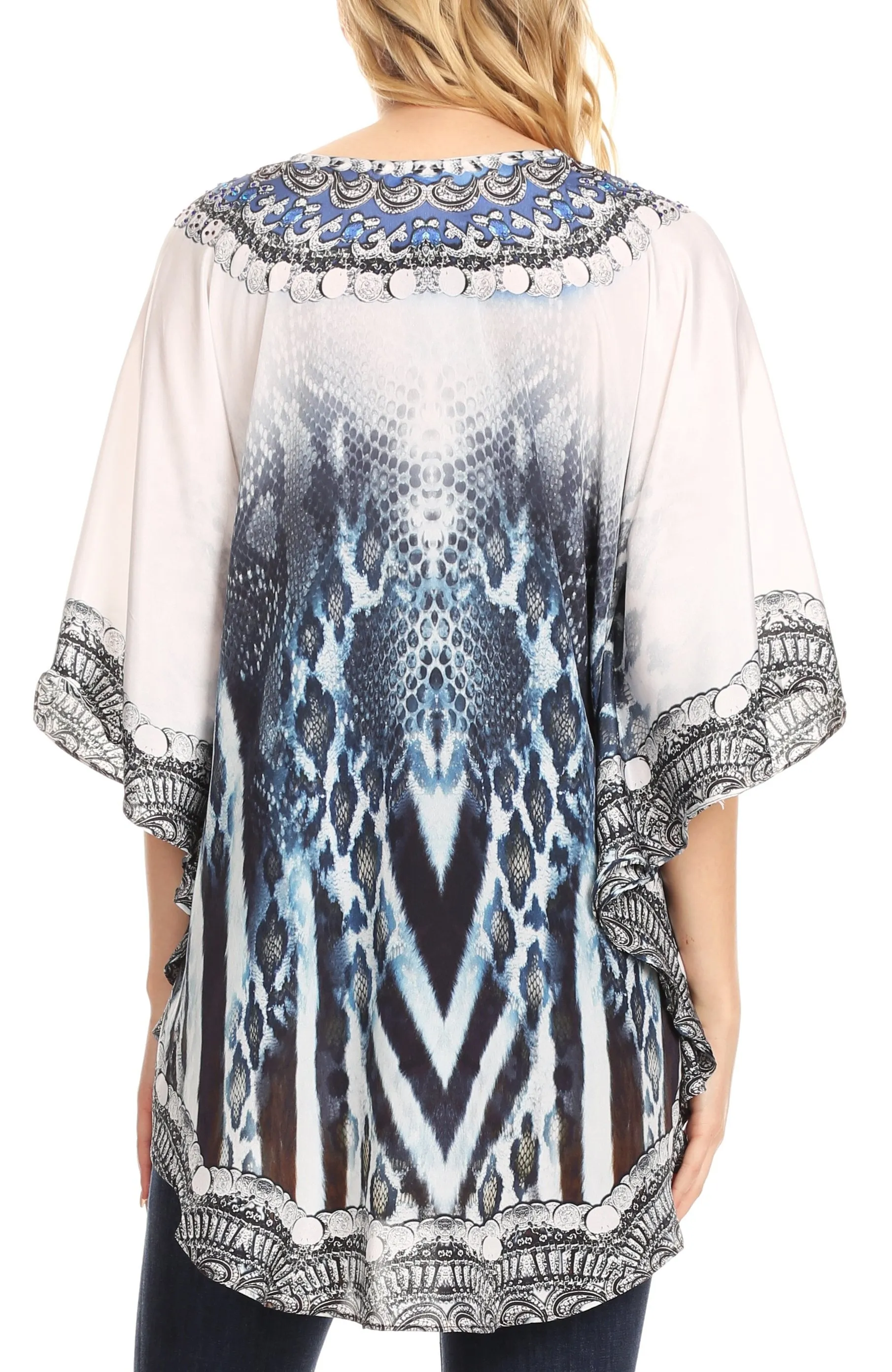 Sakkas Tallulah Wide Circle Blouse V Neck Top With Tassle Ties And Rhinestones