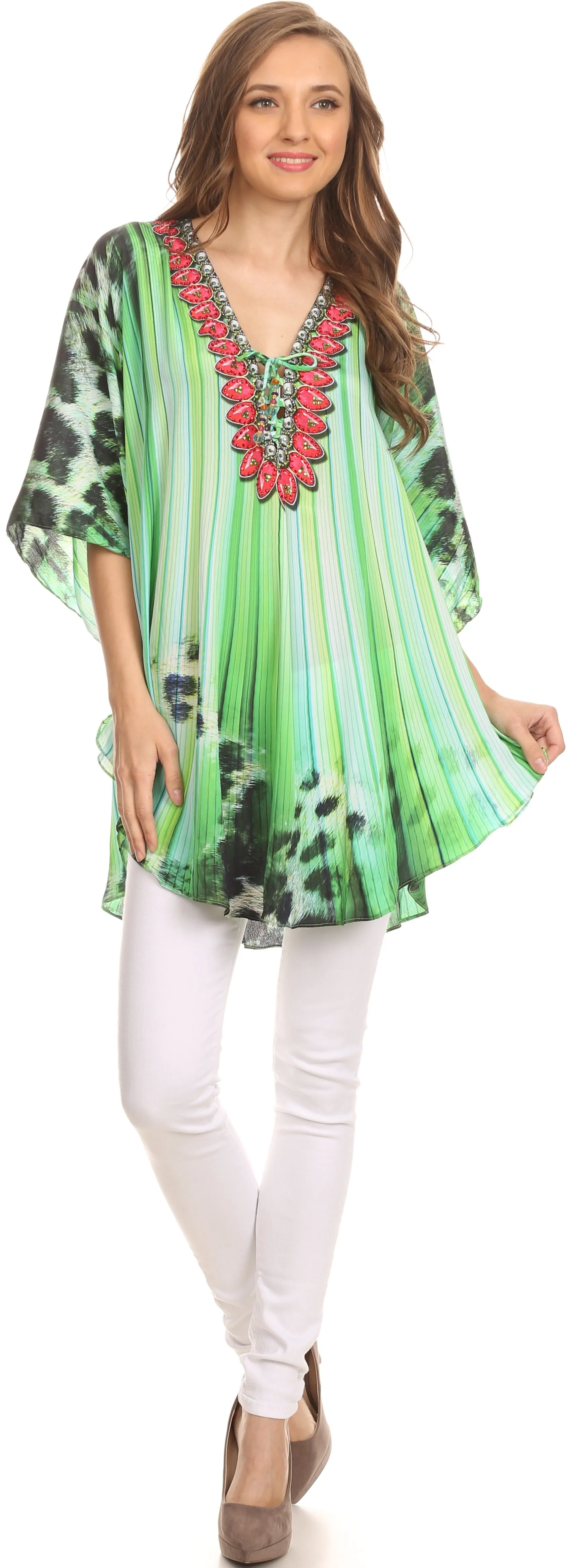 Sakkas Tallulah Wide Circle Blouse V Neck Top With Tassle Ties And Rhinestones