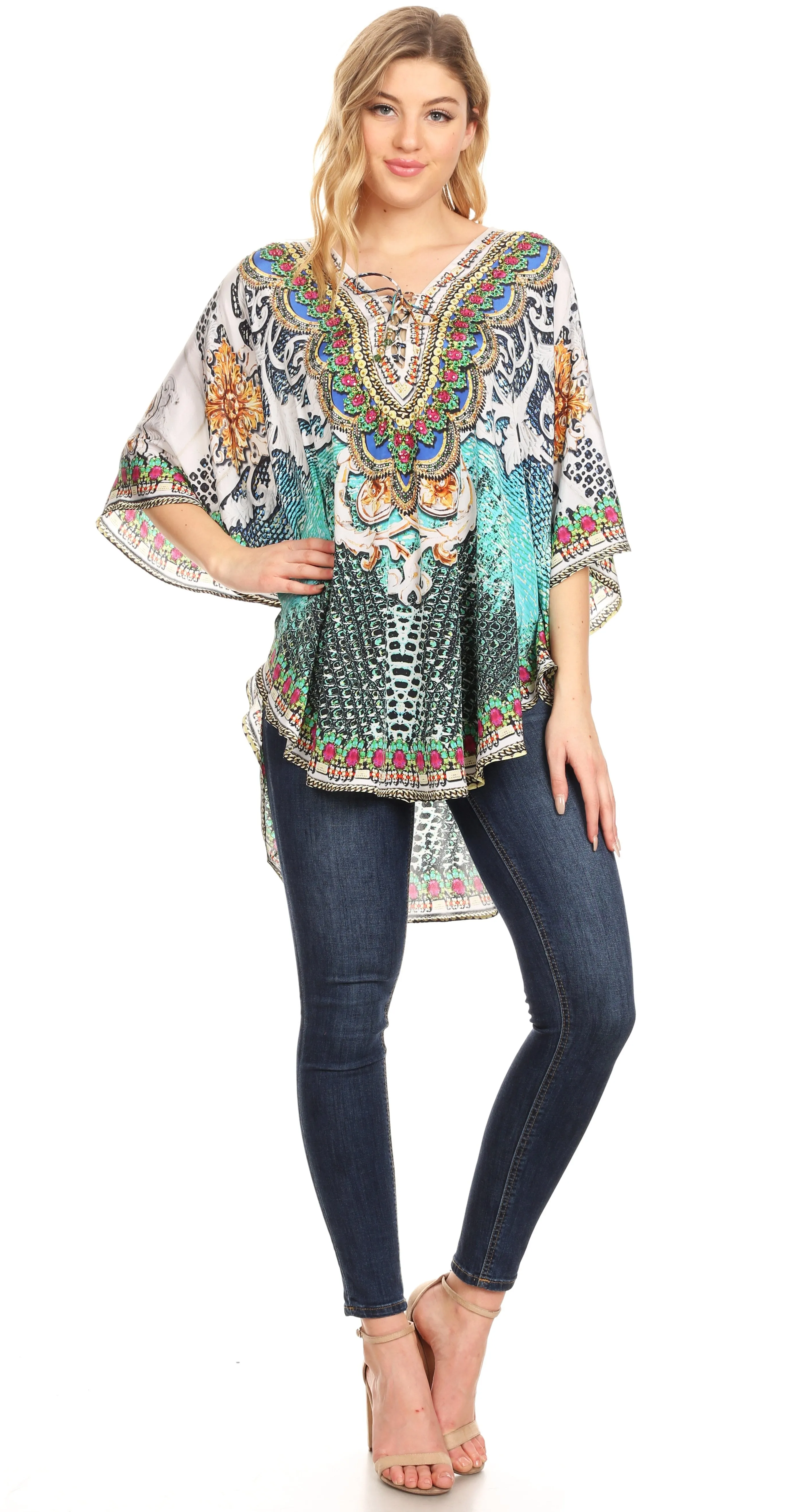 Sakkas Tallulah Wide Circle Blouse V Neck Top With Tassle Ties And Rhinestones