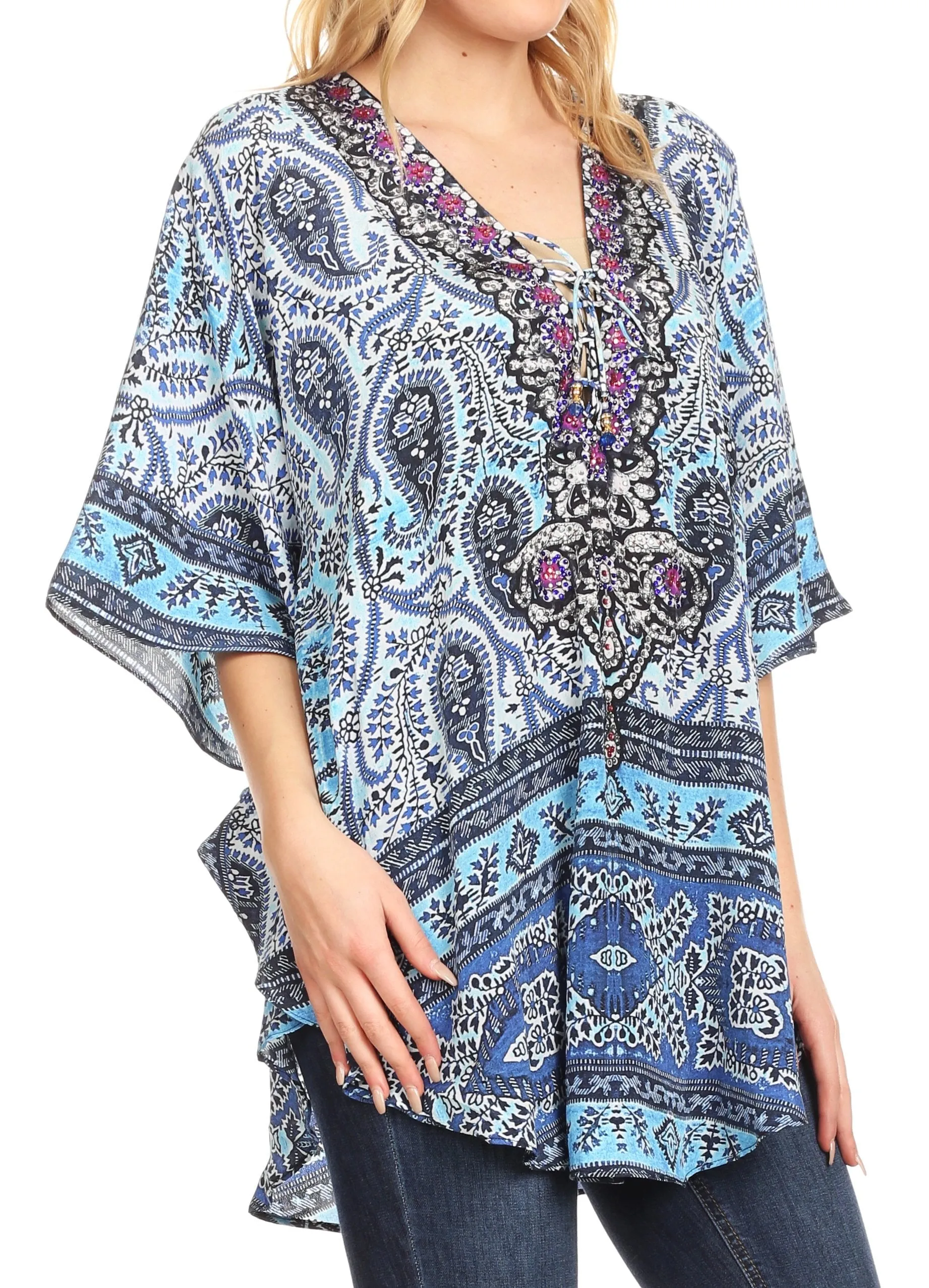 Sakkas Tallulah Wide Circle Blouse V Neck Top With Tassle Ties And Rhinestones