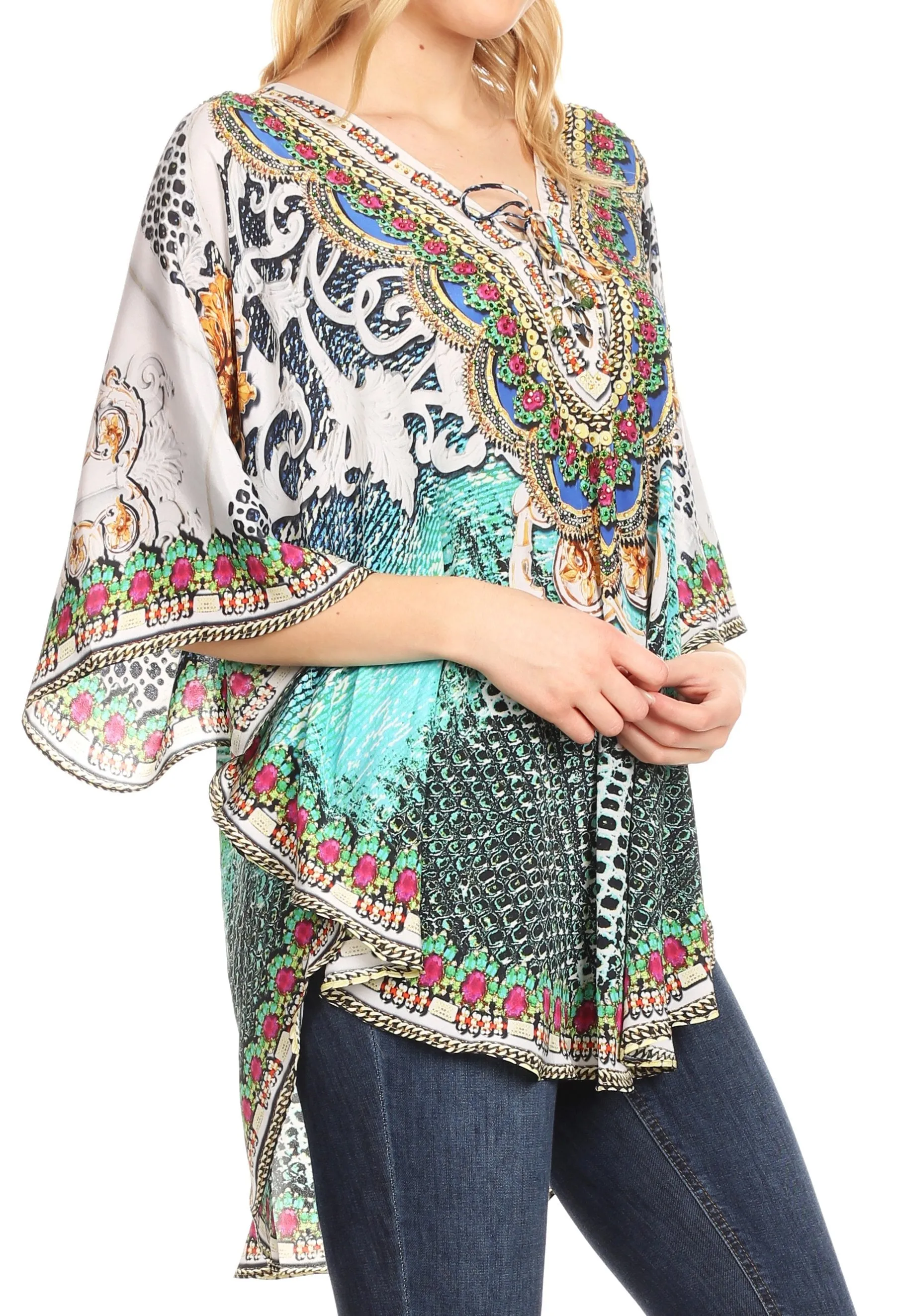 Sakkas Tallulah Wide Circle Blouse V Neck Top With Tassle Ties And Rhinestones