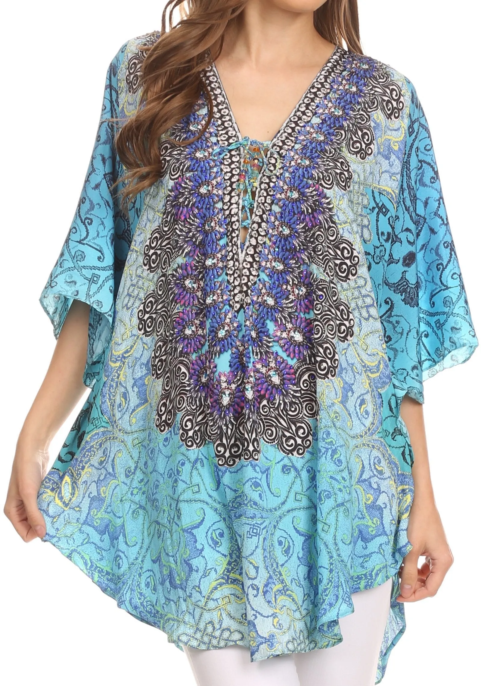 Sakkas Tallulah Wide Circle Blouse V Neck Top With Tassle Ties And Rhinestones