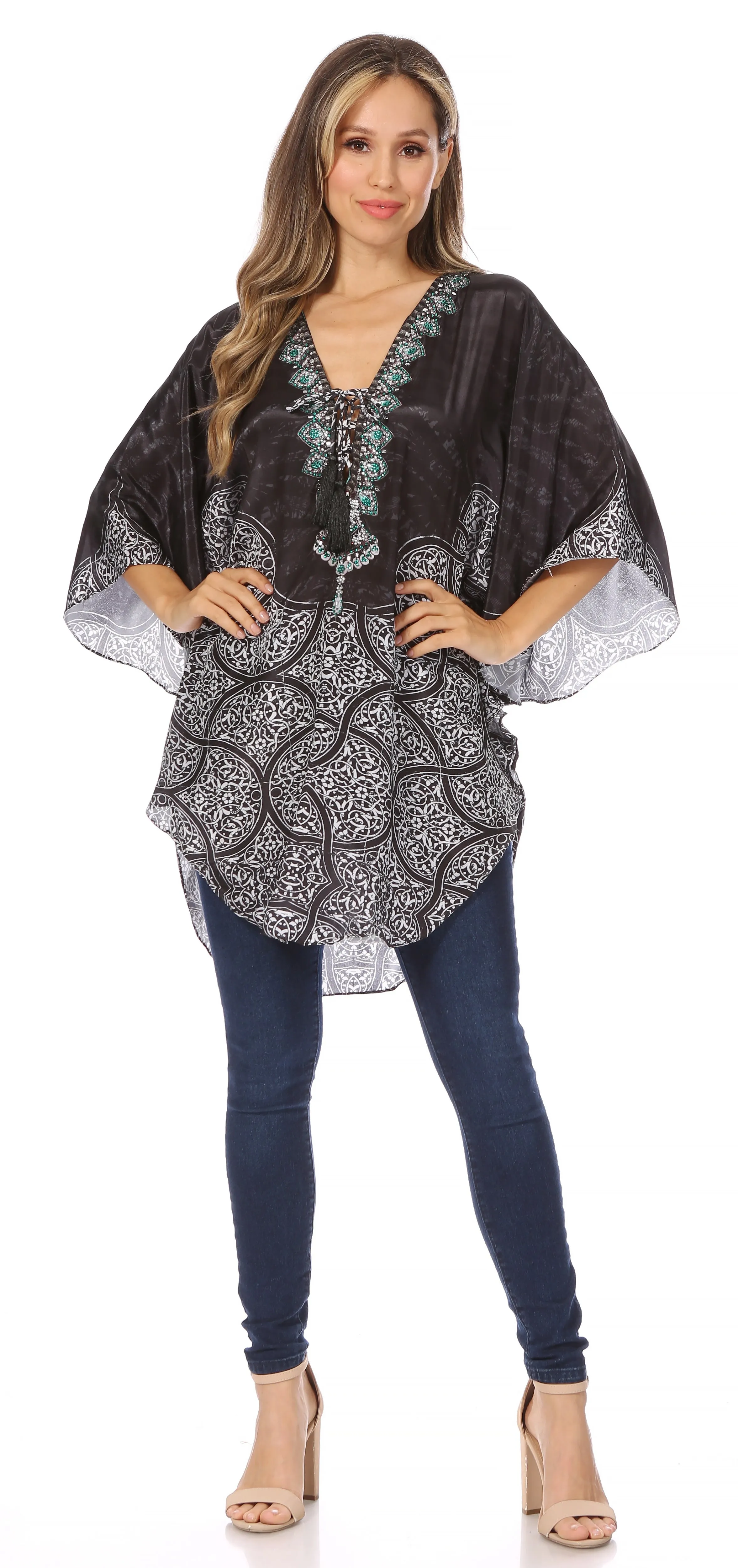 Sakkas Tallulah Wide Circle Blouse V Neck Top With Tassle Ties And Rhinestones