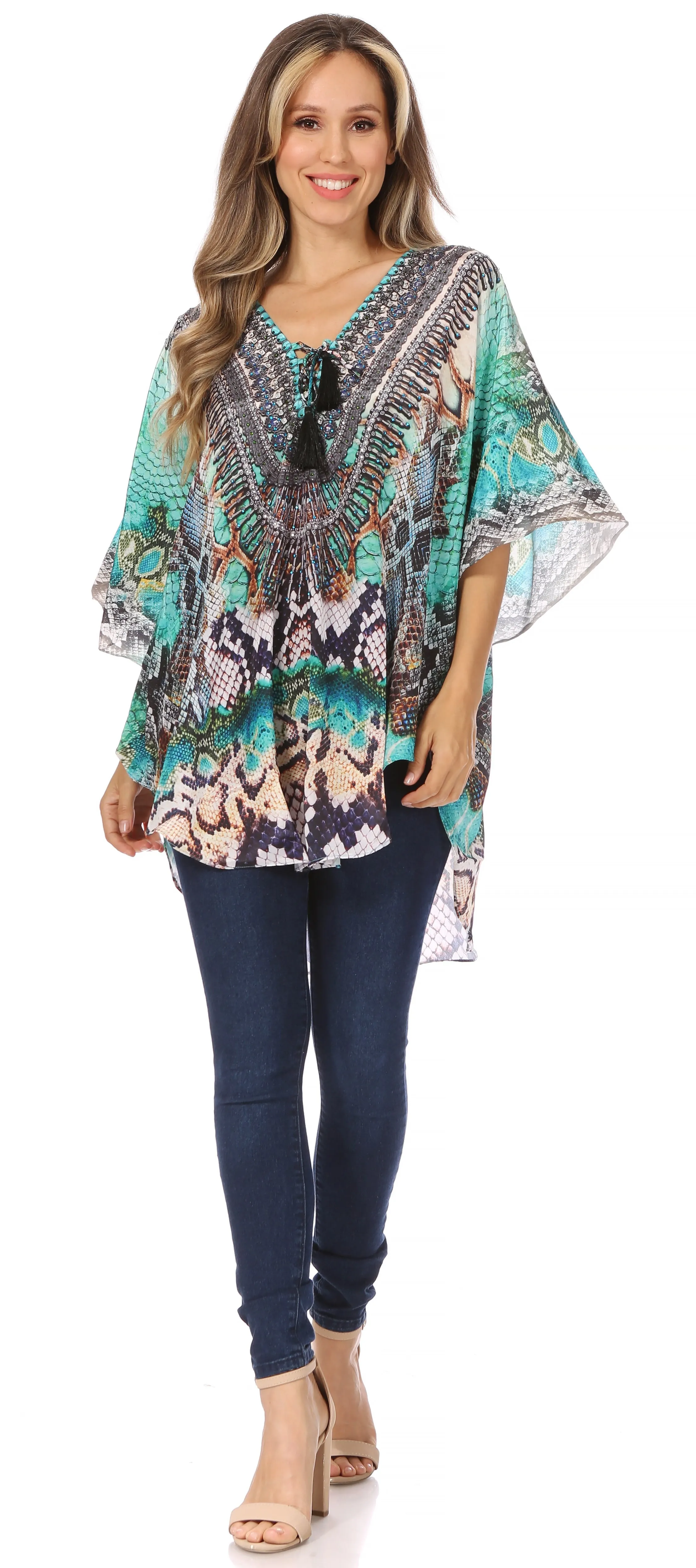 Sakkas Tallulah Wide Circle Blouse V Neck Top With Tassle Ties And Rhinestones