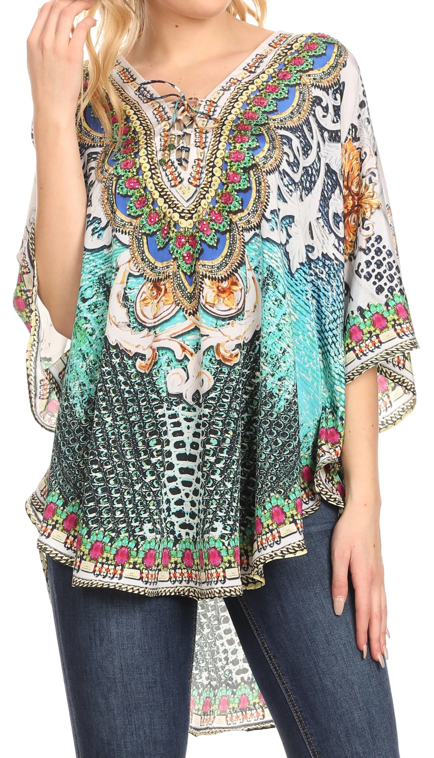 Sakkas Tallulah Wide Circle Blouse V Neck Top With Tassle Ties And Rhinestones